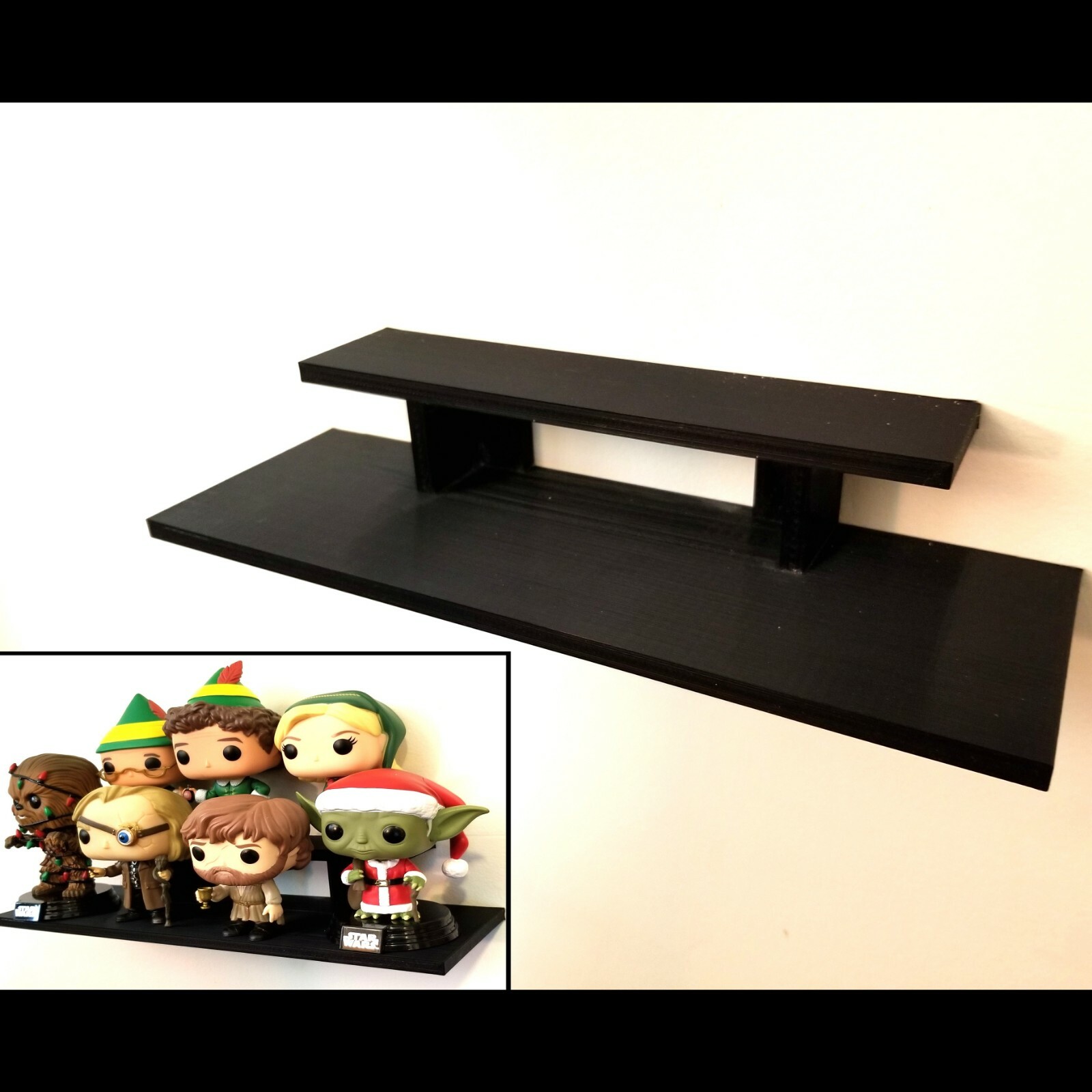 12 inch Long Black 2-Tier Wall Shelf for small Items and Figurines Display Riser 12 inch Long Black 2-Tier Wall Shelf for small Items and Figurines Display Riser