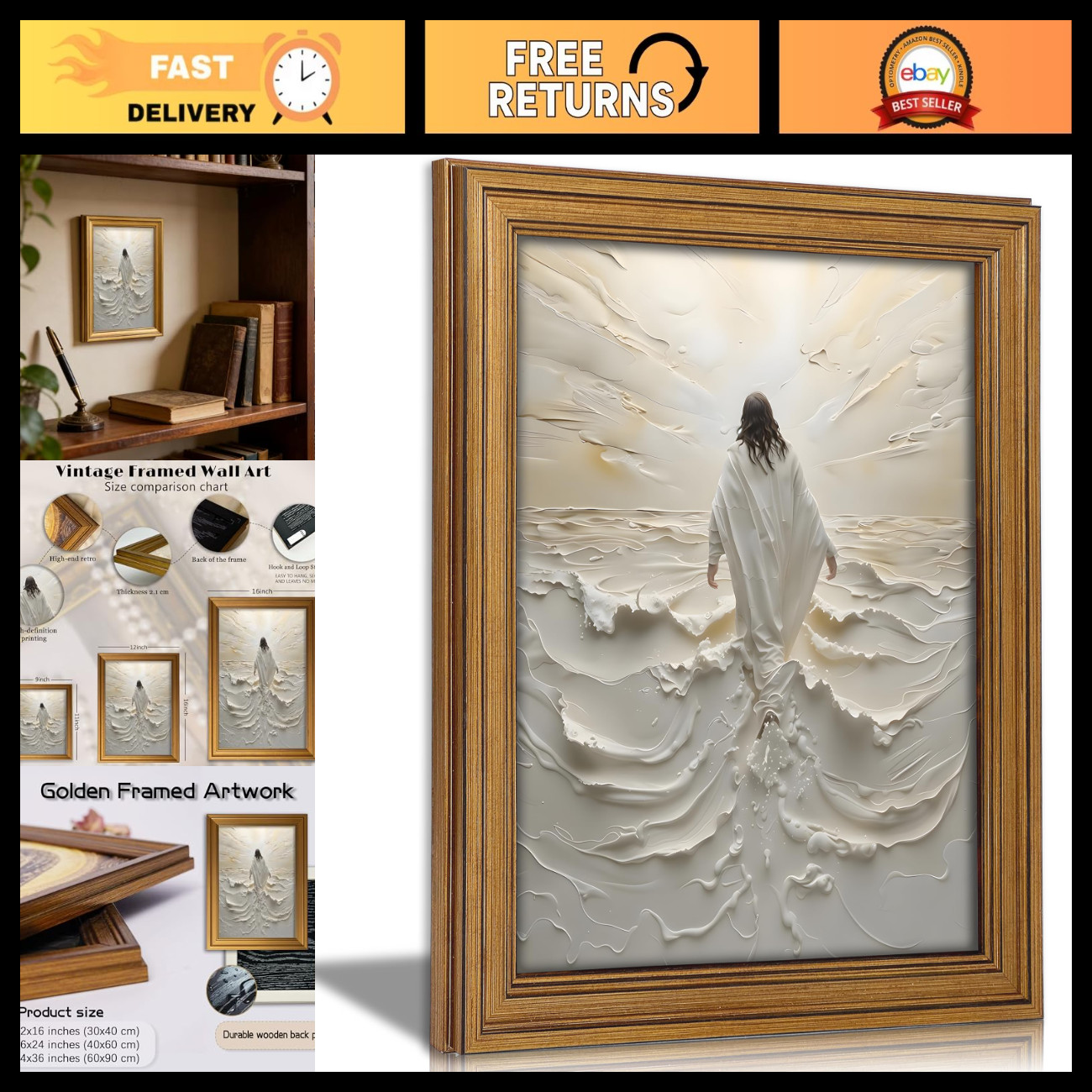 Vintage Gold Framed Jesus Wall Art - Abstract Canvas Print, Spiritual Decor for Vintage Gold Framed Jesus Wall Art - Abstract Canvas Print, Spiritual Decor for