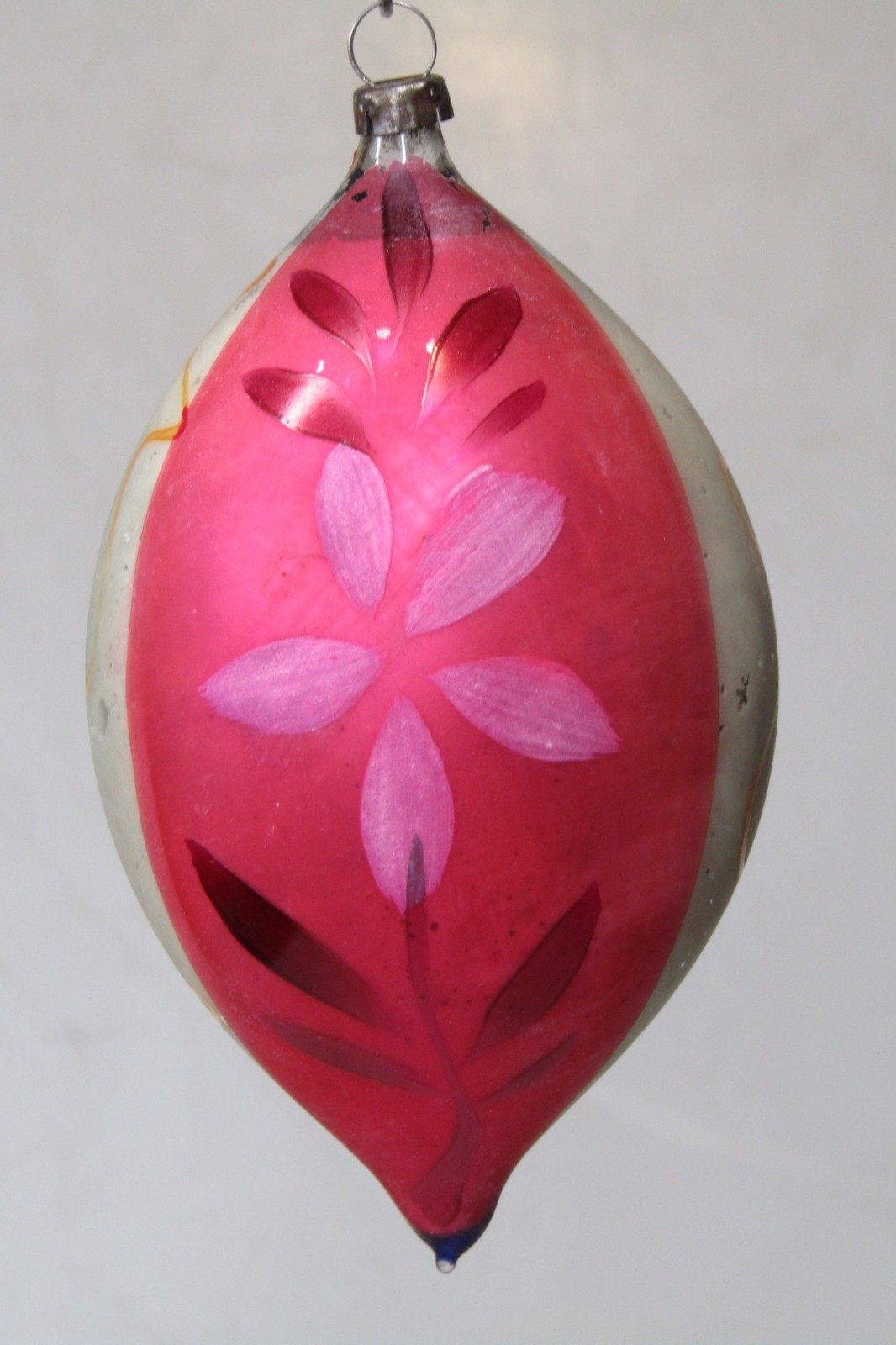 Antique VTG Glass RED FLOWER Pictured Large DROP Christmas Ornament Germany BLUE