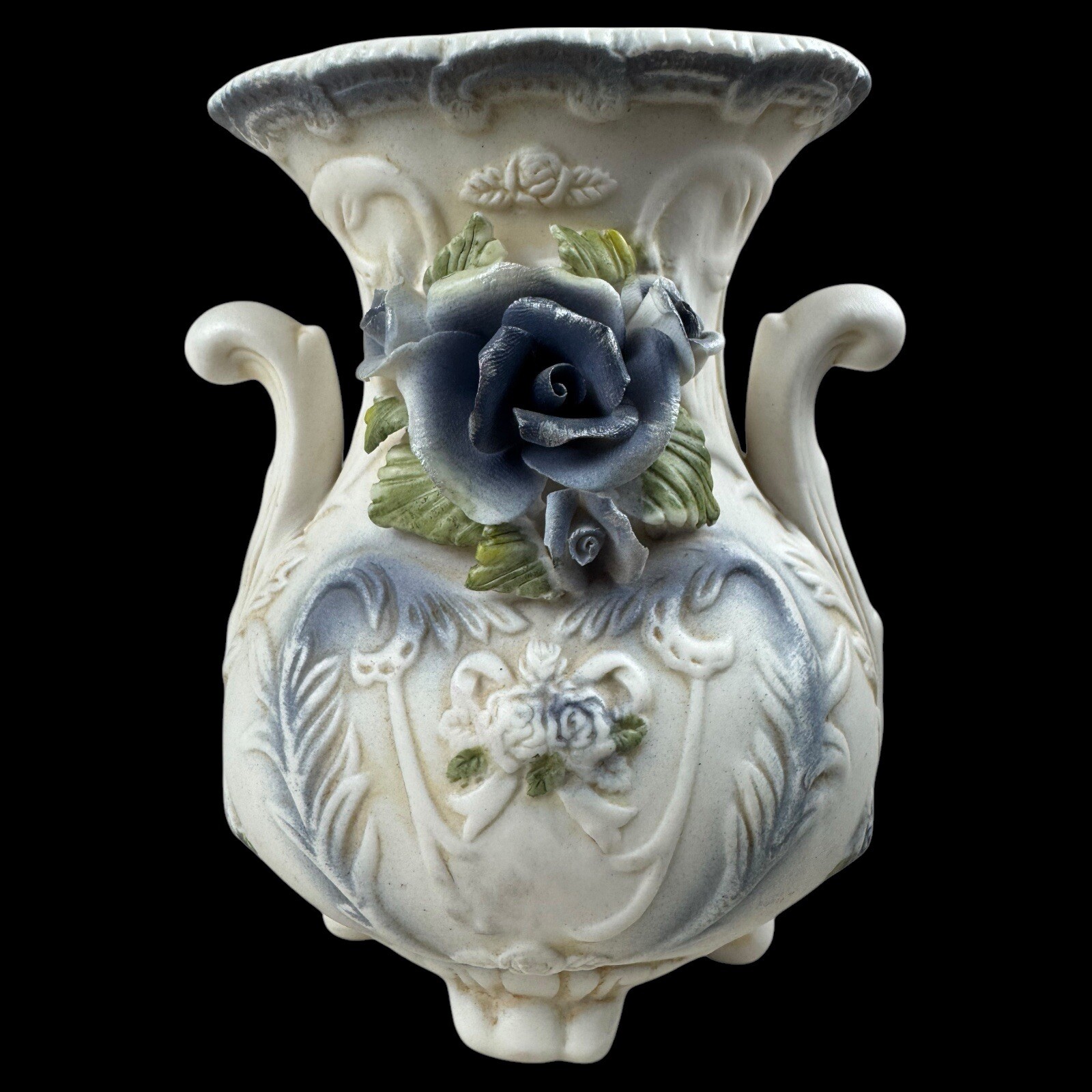 Vintage Handpainted Sculpted Blue Rose Victorian Style Footed Porcelain Vase