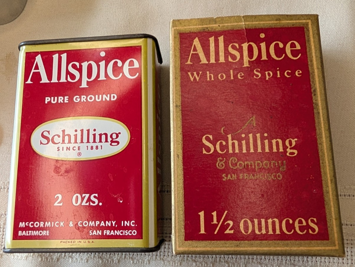 Pair of Vintage Schilling Spice Tins – Allspice – Red Retro Decor