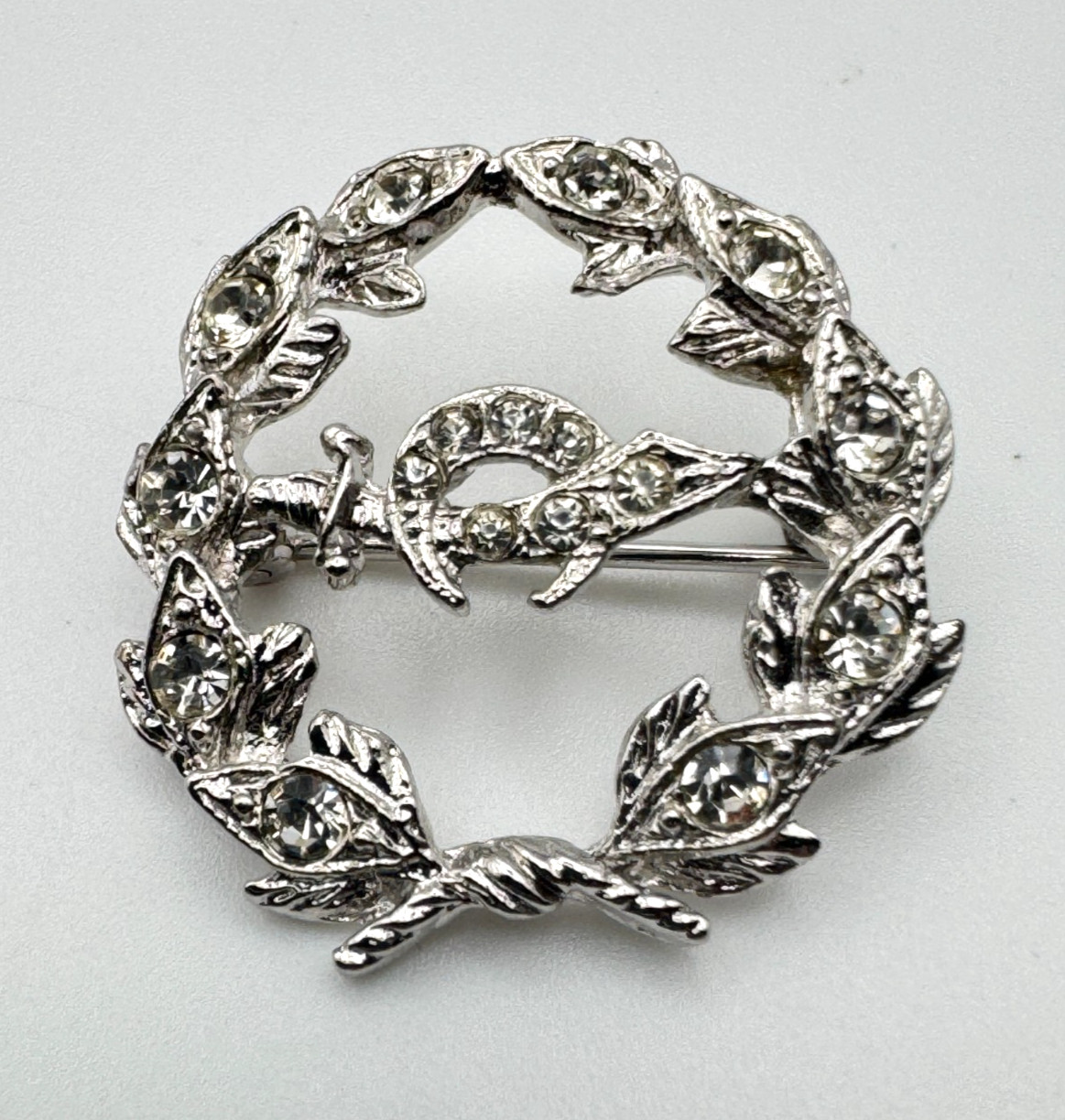Vintage ORA Shriners Brooch Masonic Wreath Rhinestone Sword Crescent Pin