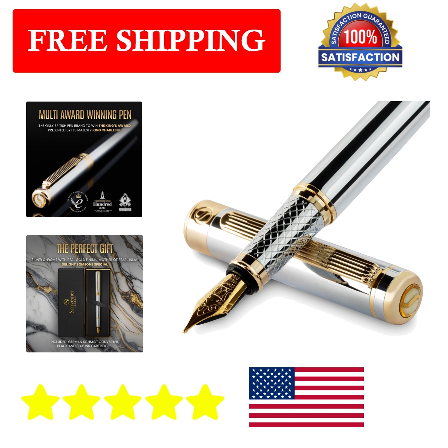 Luxury Silver Chrome Fountain Pen with Gold Plated Nib - Perfect Executive Gift