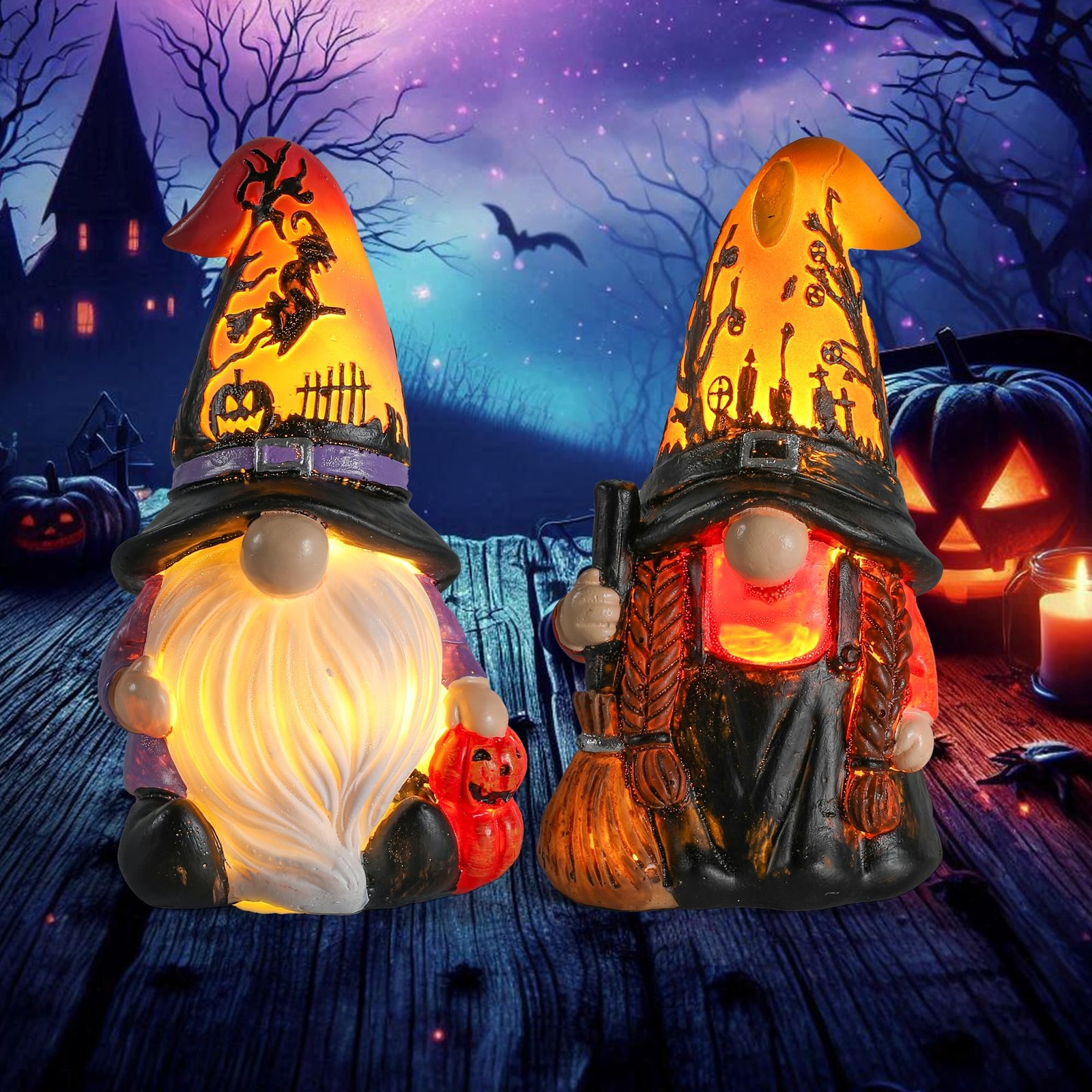 Halloween Gnomes and Witch Figurines  2Pack Lights Up Fall Gnome Ornaments  4...