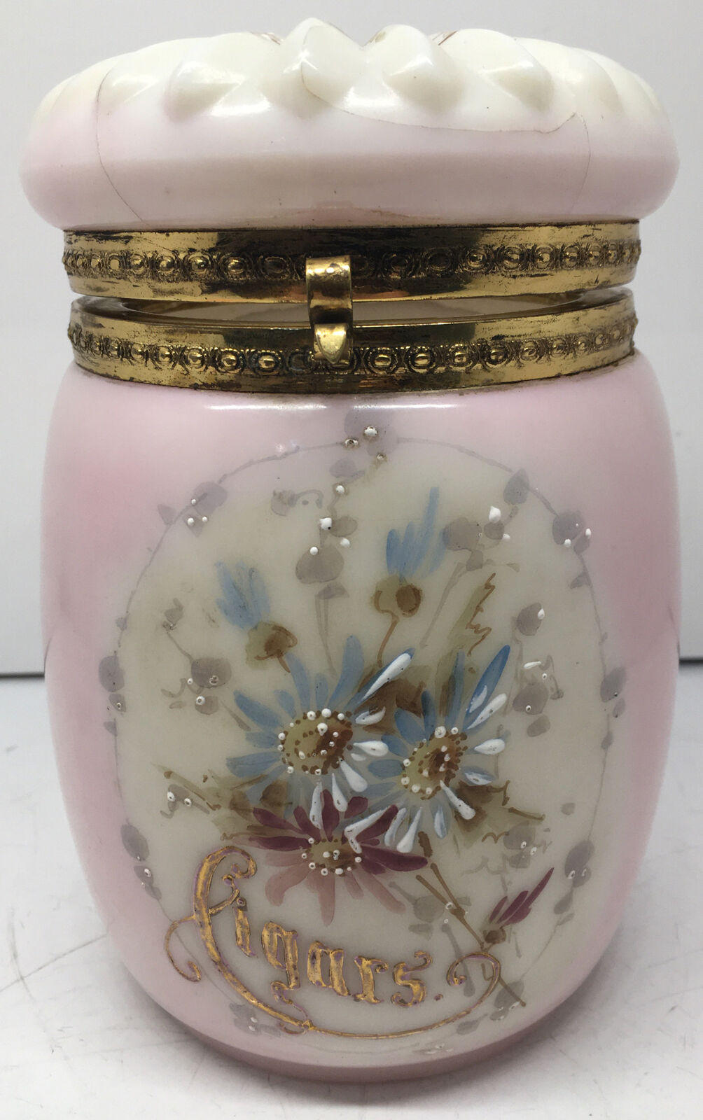 Antique HAND PAINTED WAVE CREST MILK GLASS HINGED TOBACCO CIGAR JAR HUMIDOR 6”