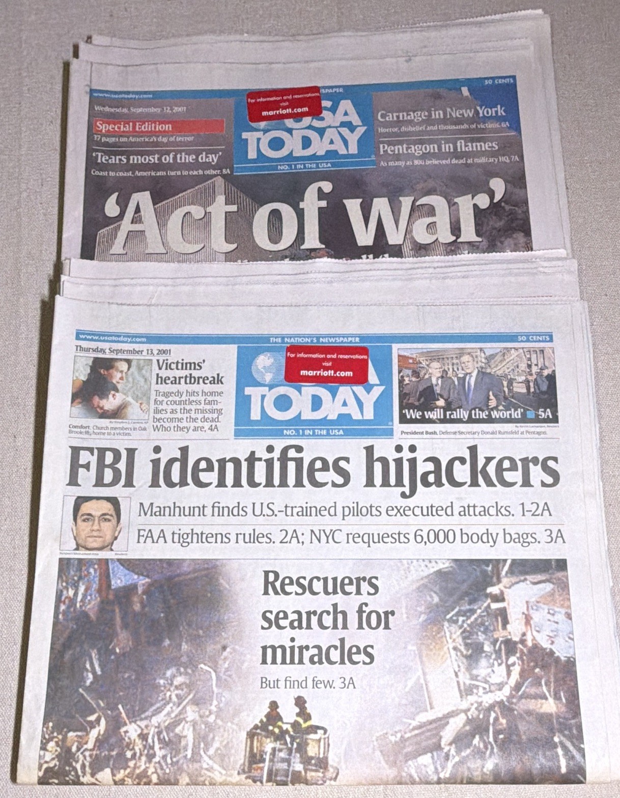 USA TODAY  Wednesday September 12 and Thursday, 13, 2001 Lot of 2