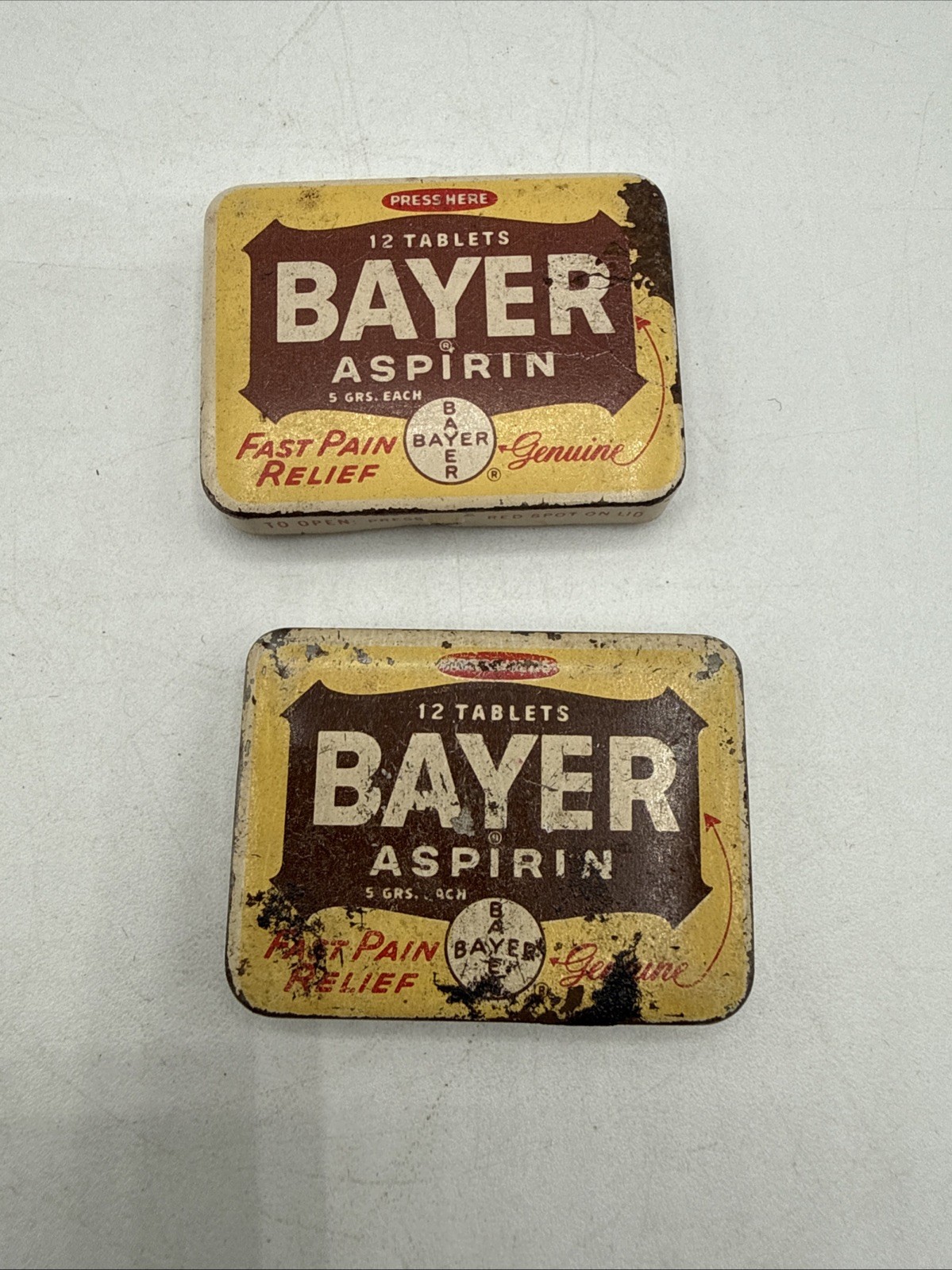 Vintage Bayer Aspirin 12 Tablet Metal Pocket Tin Made & Printed USA -Lot of 2