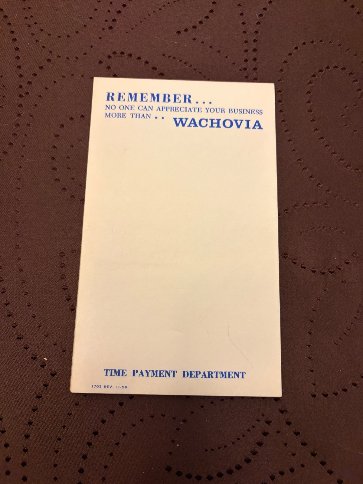 Vintage 1956 Wachovia Bank Notepad Time Payment Department North Carolina Epheme