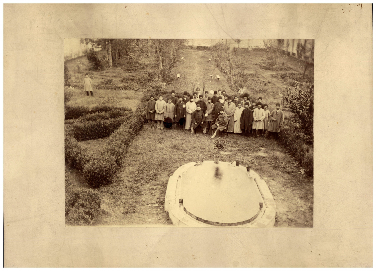  Qajar elite, group of notables in a garden, Persia Late Qajar period, Persia. 