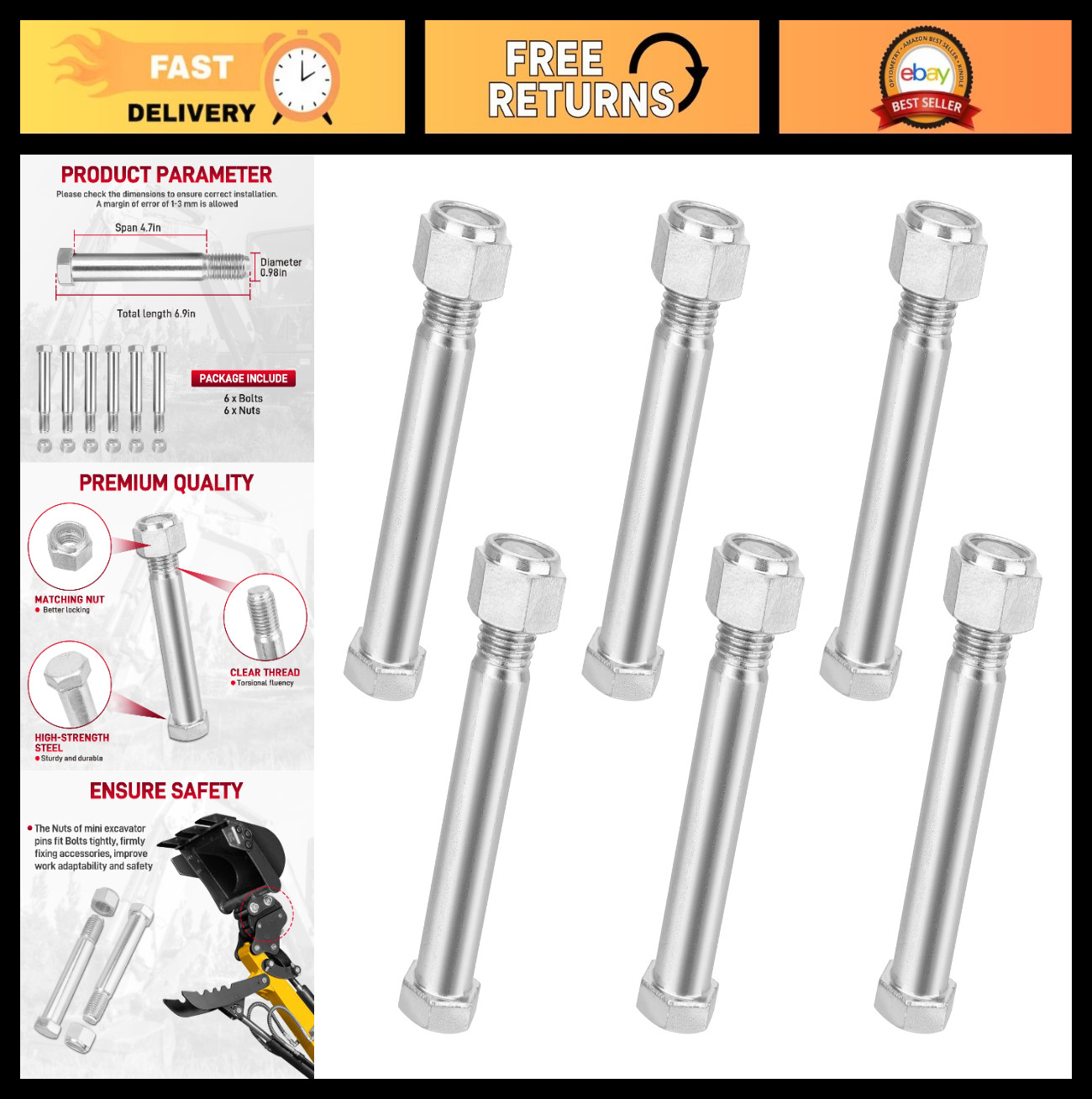 6PCS Mini Excavator Pins 0.98in/25mm with Nut for Bucket, Auger, Ripper & Thumb
