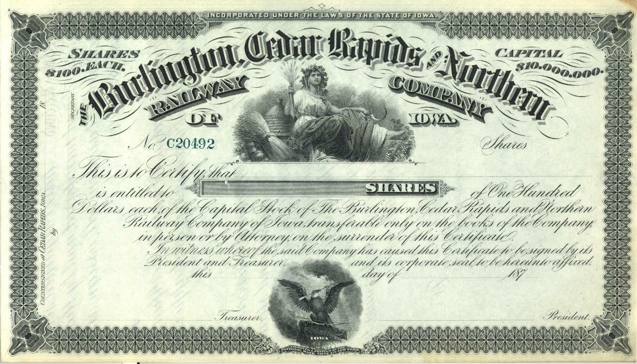 1870s Burlington Cedar Rapids & Northern Railway - railroad stock certificate