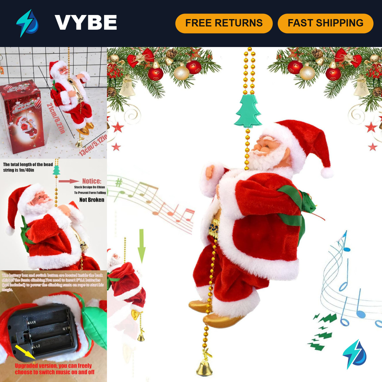 Battery-Operated Climbing Santa on Rope - Musical Christmas Holiday Decor Battery-Operated Climbing Santa on Rope - Musical Christmas Holiday Decor