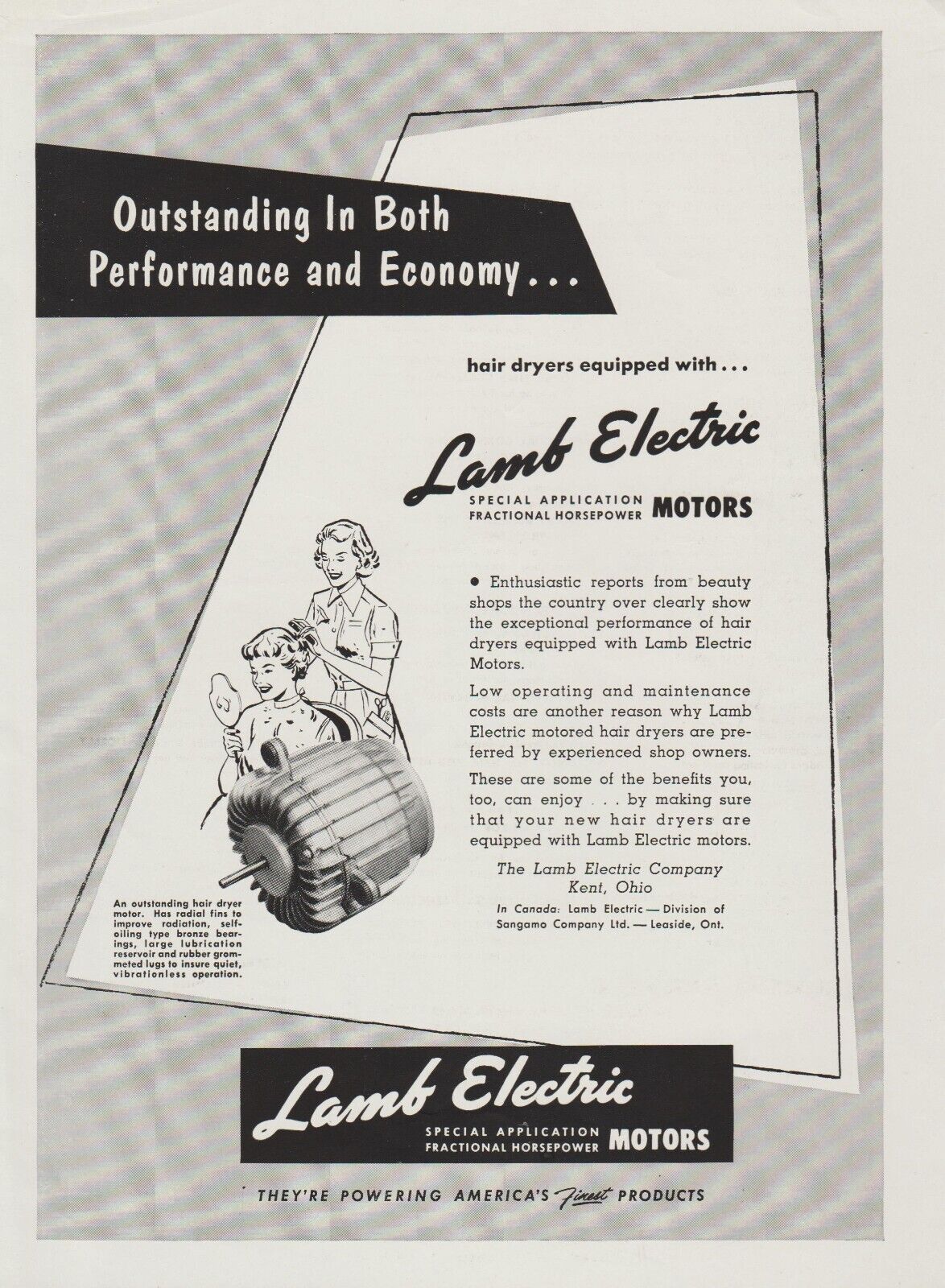 1954 Lamb Electric Motors - Fractional Horsepower - Hair Dryers - Print Ad Art
