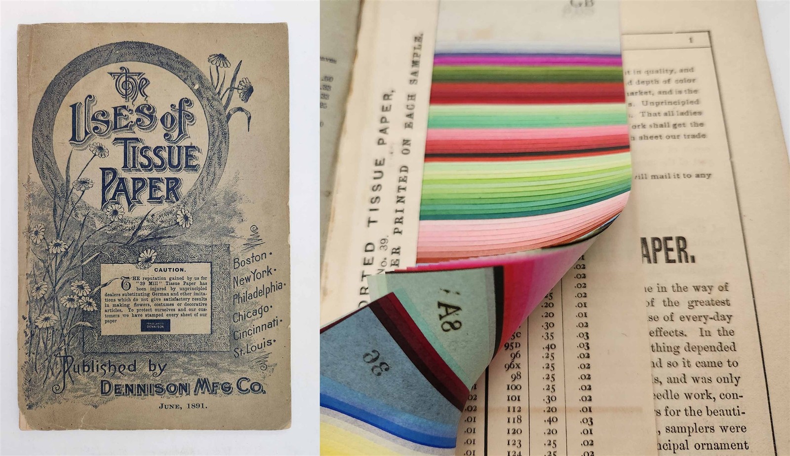1891 antique DENNISON TISSUE PAPER CATALOG SAMPLE BOOK PATTERNS doll fans flower