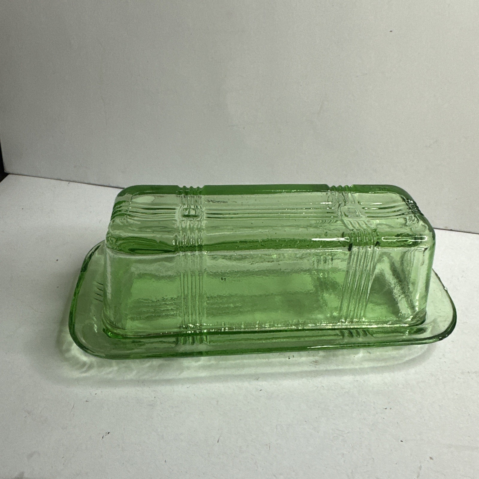 VTG Hazel Atlas Green Depression Glass Butter Dish Crisscross Pattern MCM