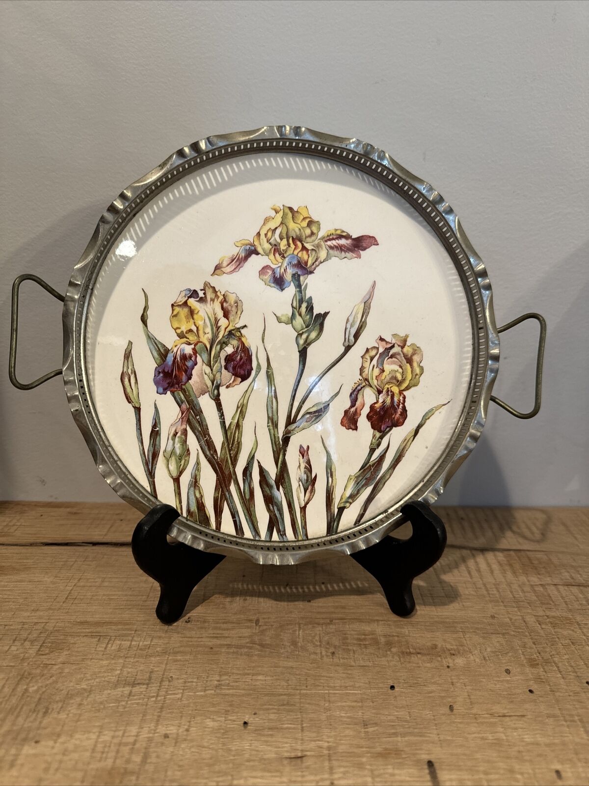 Beautiful Vintage Porcelain And Pewter Multicolor Iris Floral Tray