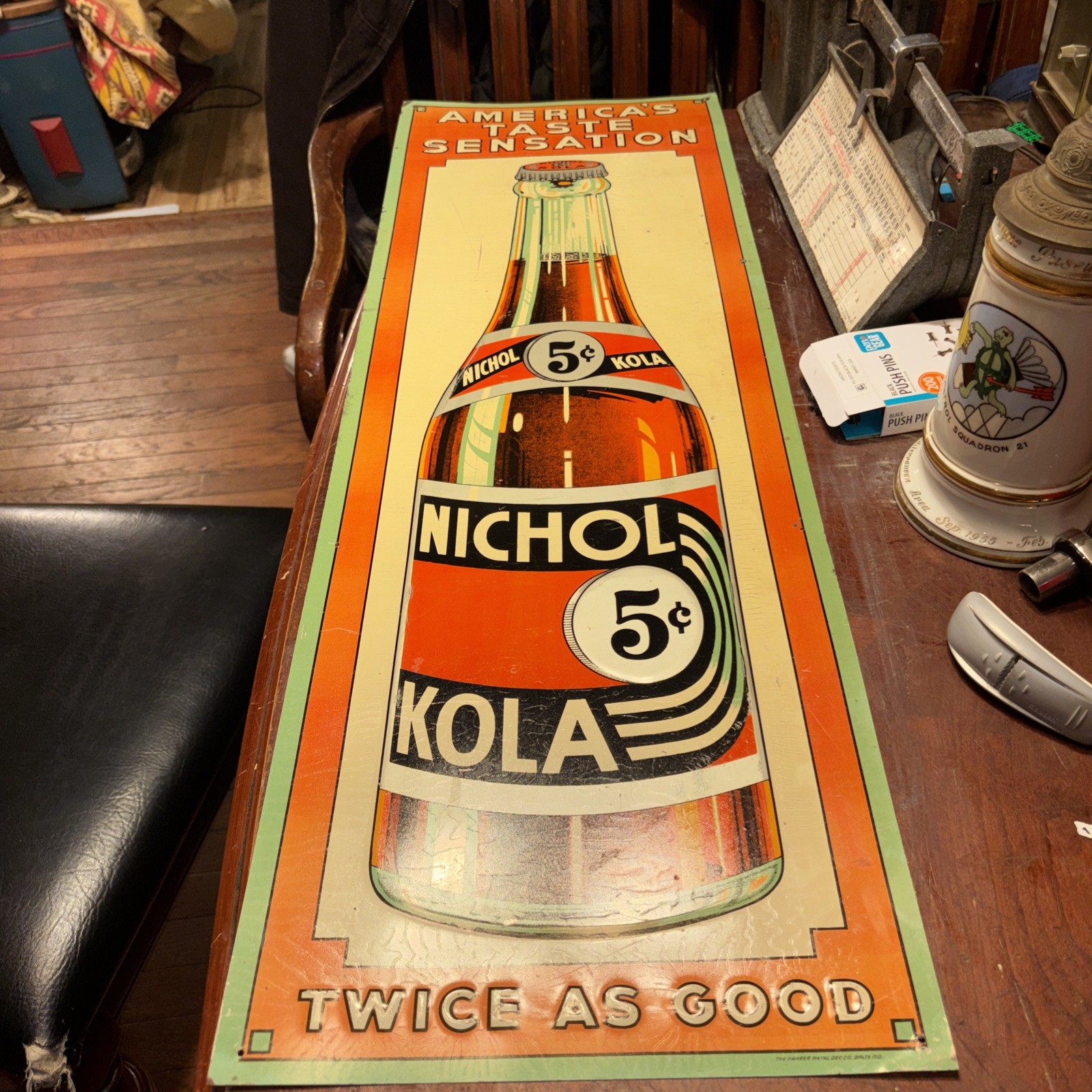 Vintage Nichol Kola Verdical Sign Original 35 1/2”HX12”W