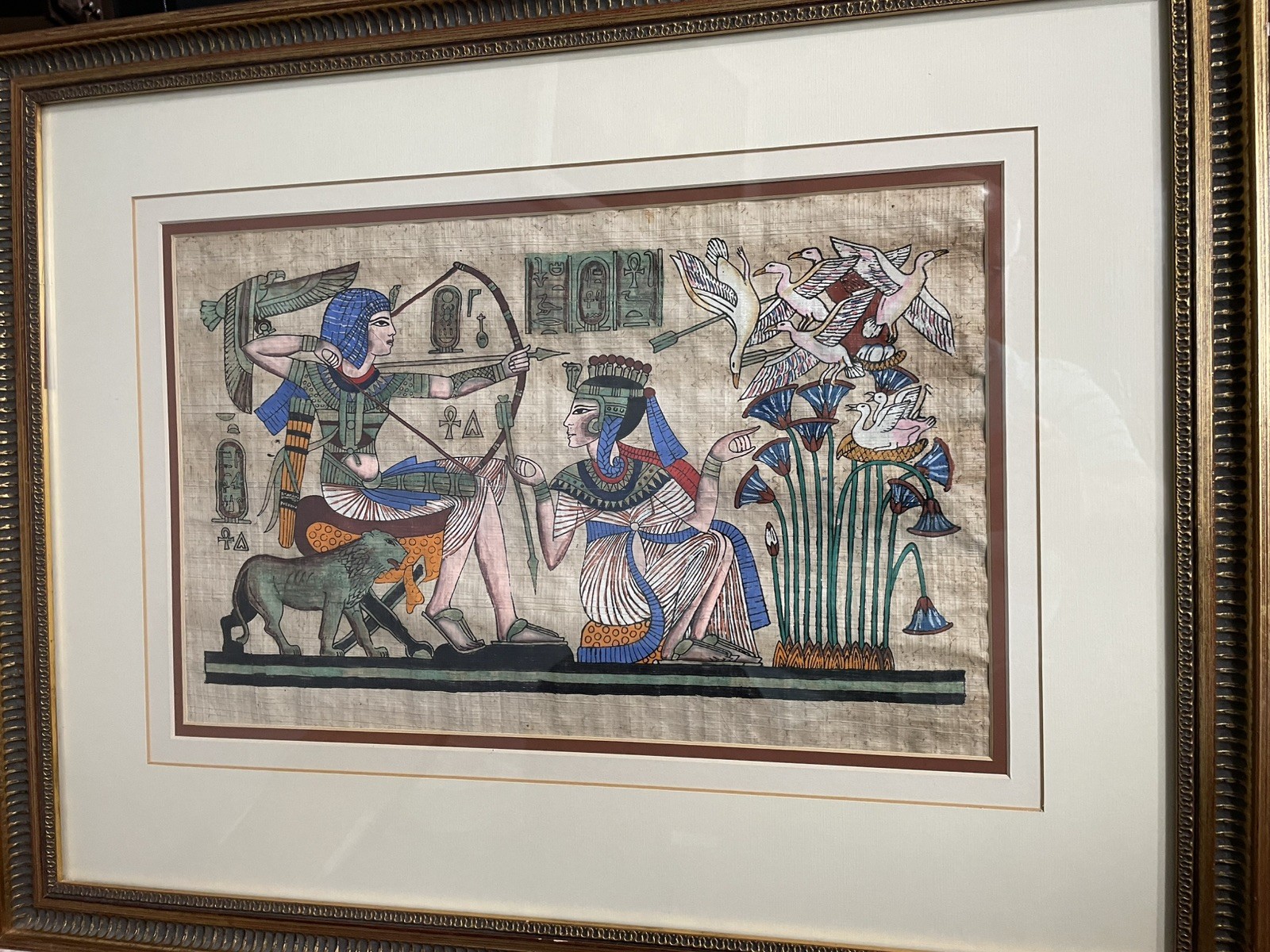 Beautiful Painted Images on Papyrus King Tut Tutankhamun and Wife. Hand Painted