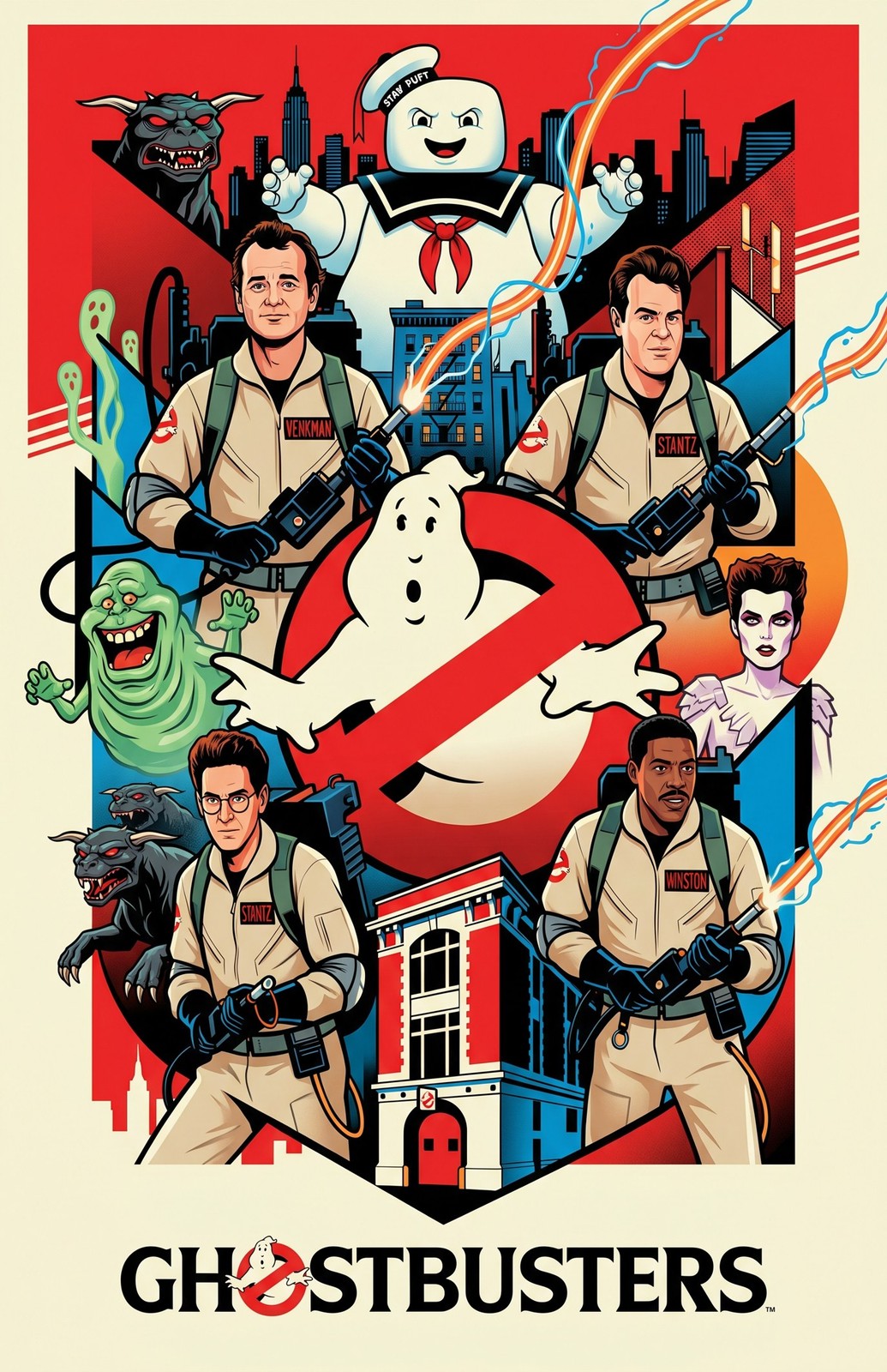 Ghostbusters Bill Murray Dan Aykroyd Stay Puft Slimer Ecto-1 Movie Poster Print