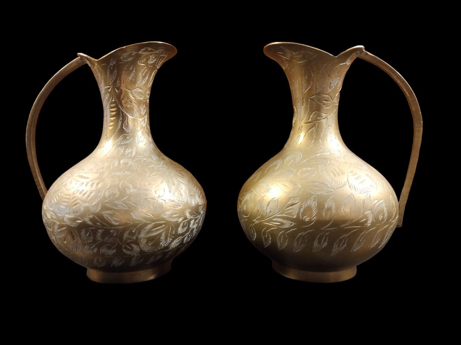 Beautiful Vintage Brass Pitcher Vase Set Floral Etched India Gold Decor