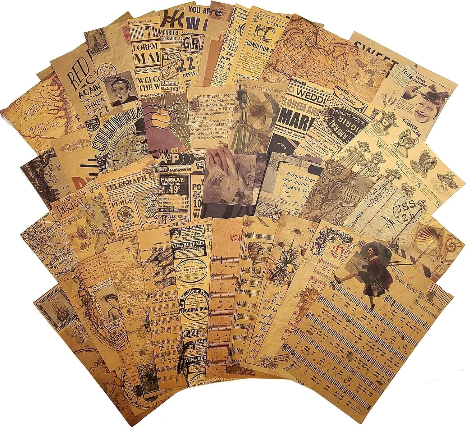 Vintage Decoupage Paper 40 Sheets Kraft Paper for Scrapbooking, Ephemera for Jun