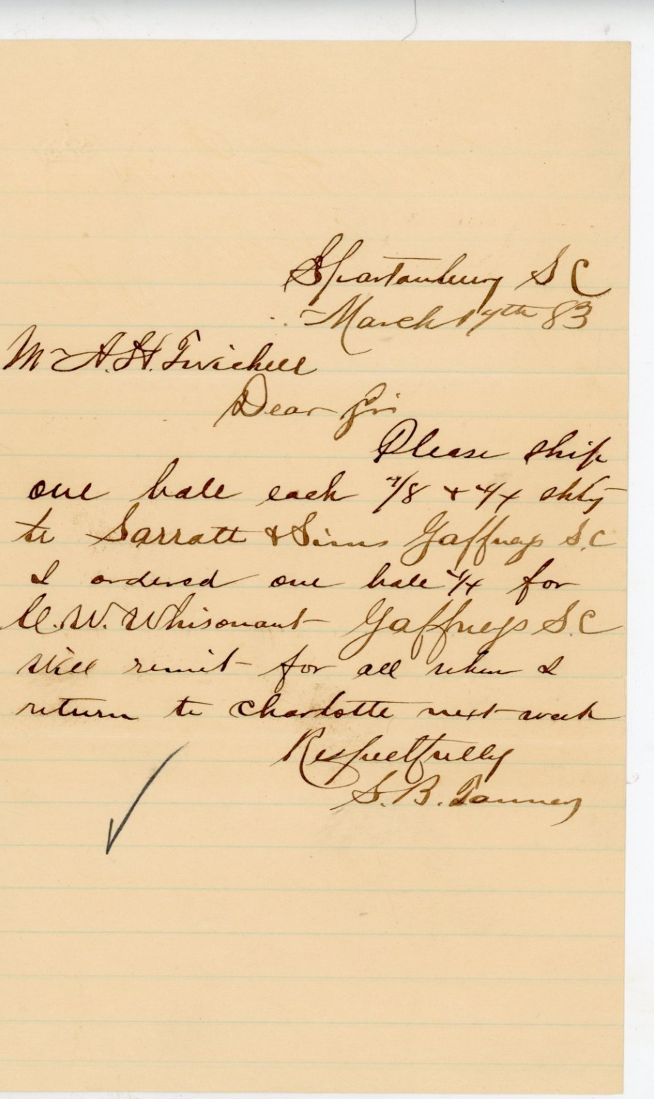 1883 Handwritten Letter S.B. Tanner to AH Twichell Spartanburg Gaffney SC Cotton 1883 Handwritten Letter S.B. Tanner to AH Twichell Spartanburg Gaffney SC Cotton