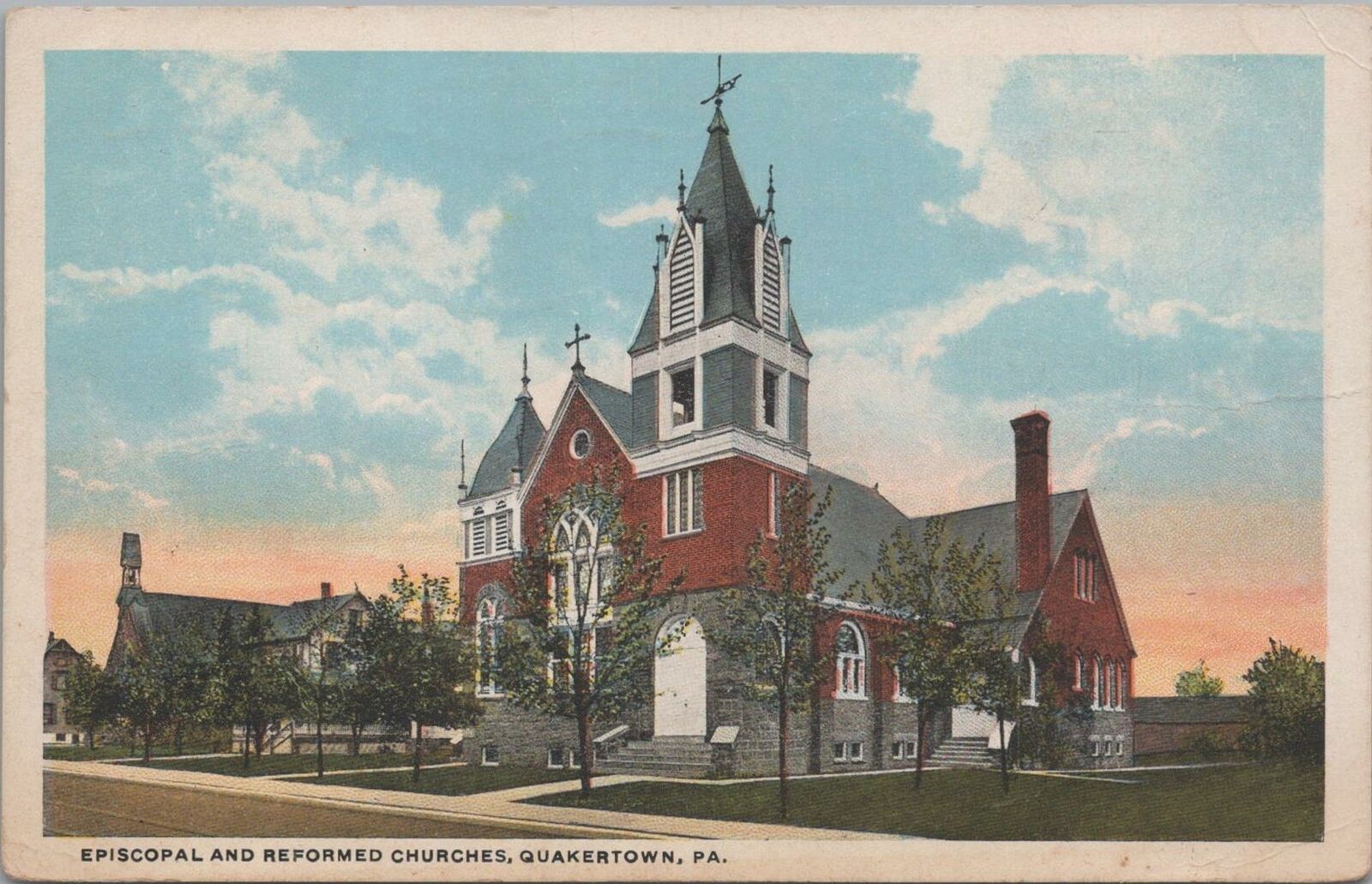Postcard Episcopal and Reformed Churches Quakertown PA 1932