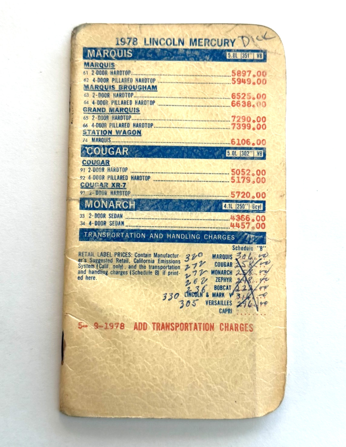 1978 Lincoln Mercury New Model Cars Dealer Pocket Retail Price Salesmen Data