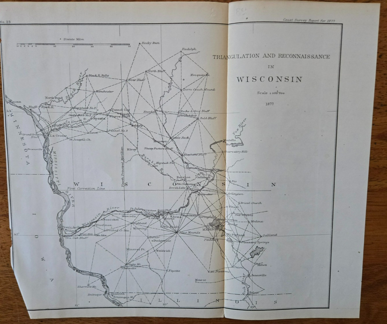 1877 US Coast Survey Map Wisconsin Triangulation Reconnaissance Madison Janesvil
