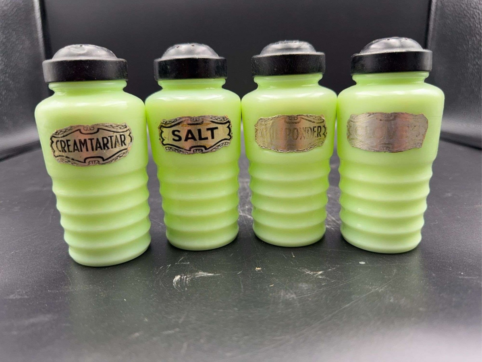 4 Vintage Jeannette Jadeite Hoosier Cabinet Spice Shakers Original Label beehive