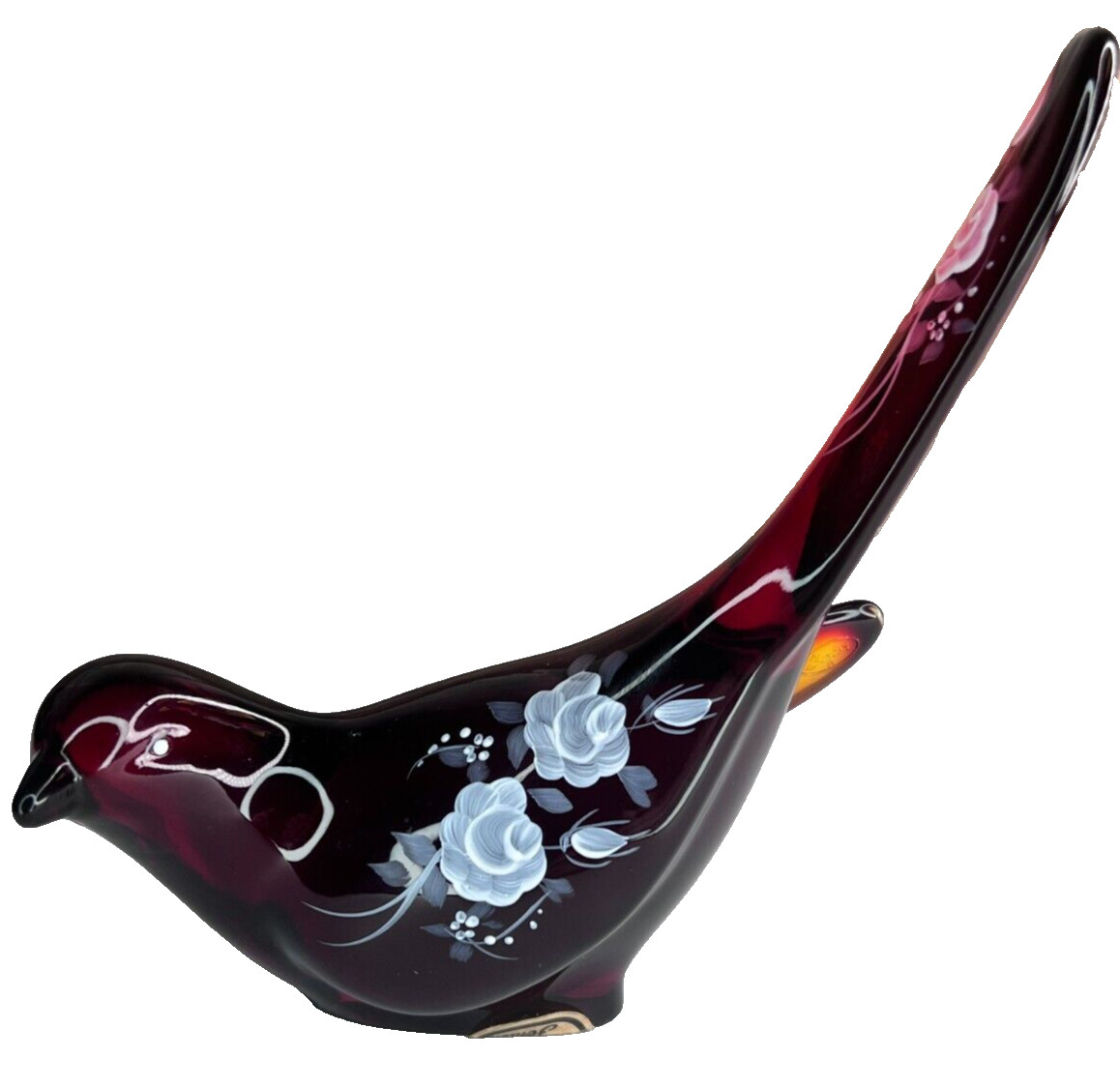 Fenton Ruby Red Happiness Bird HP Floral White Roses - Signed ca 1980