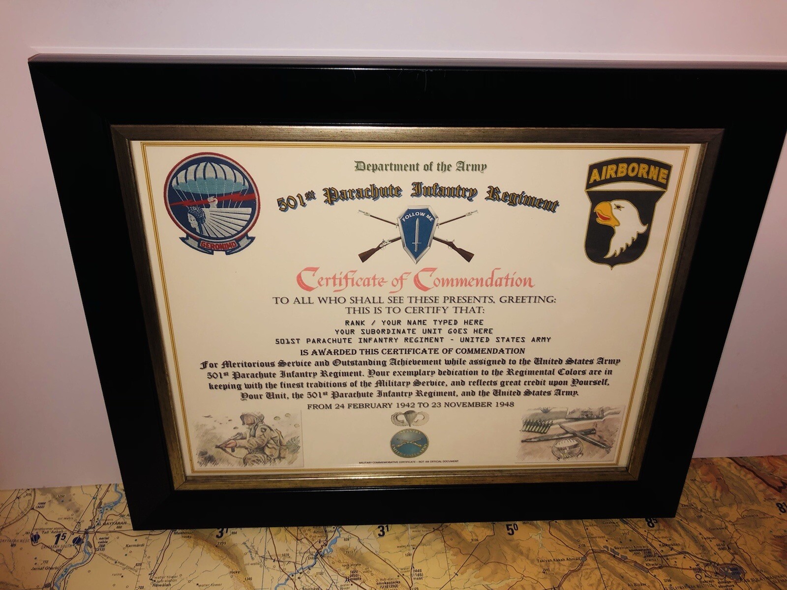 501ST PARACHUTE INFANTRY REGIMENT / COMMEMORATIVE - CERTIFICATE OF COMMENDATION