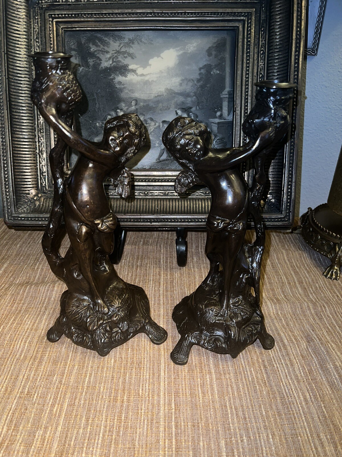 Pair Bronze Cherubs Candle Holders Candlesticks Putti