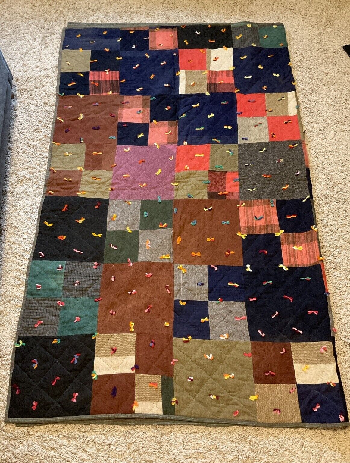 1960s Vintage Handmade Patchwork Double Knit Poly Quilt 68x82” Hand Tied