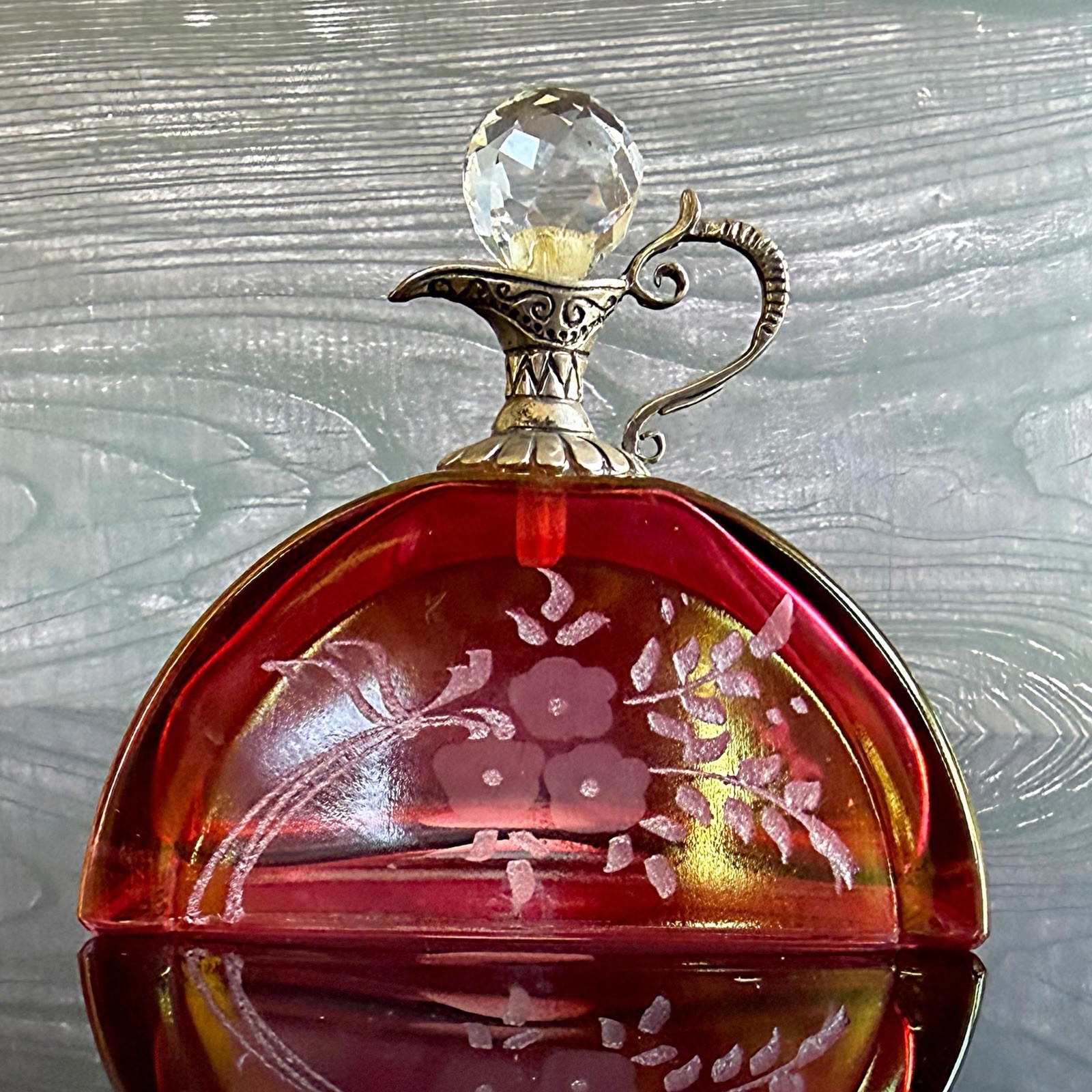 VTG Cristallo E Argento Purple Etched Italy Perfume Bottle SILVER Top w/Stopper