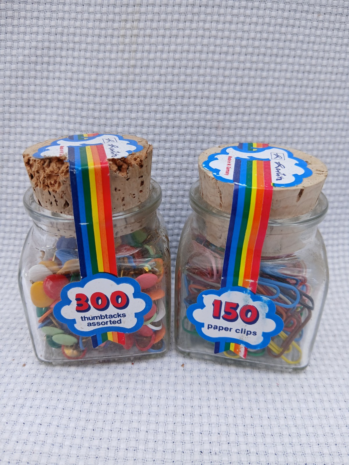 Vintage 2pc NOS Herlitz Made in Germany Paper Clips Thumb Tacks Glass Containers