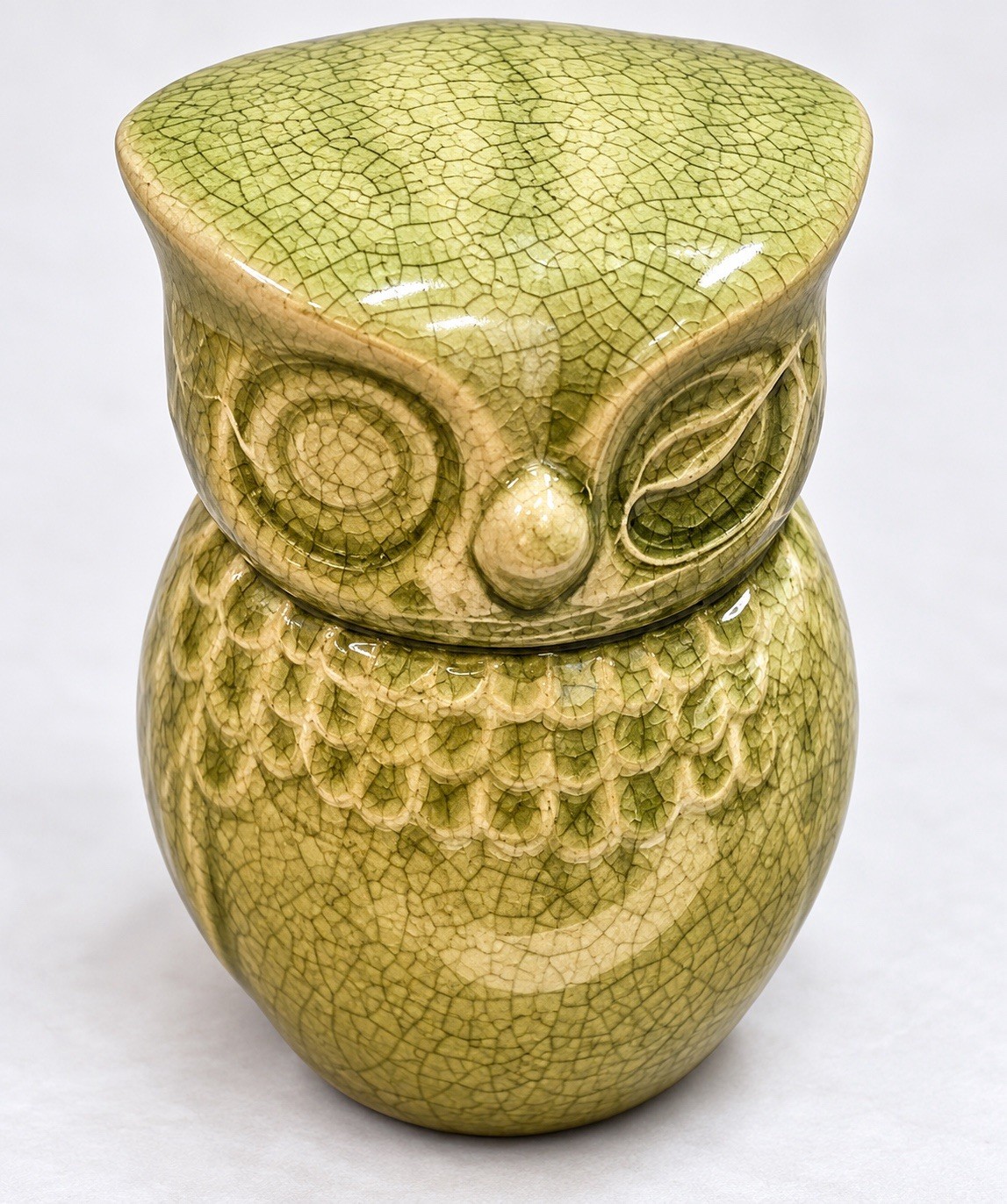 Vintage 1970s Ceramic Owl Figurine Green Tan Crackle Glaze 5