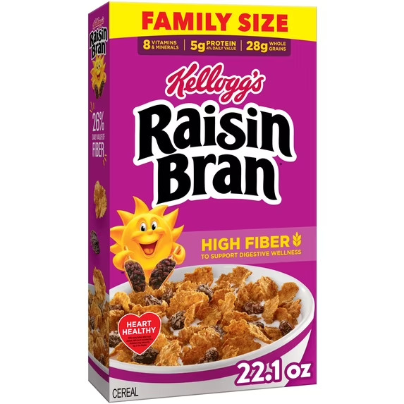 Kellogg's Raisin Bran Original Breakfast Cereal, High Fiber, Family Size, 22.1 o