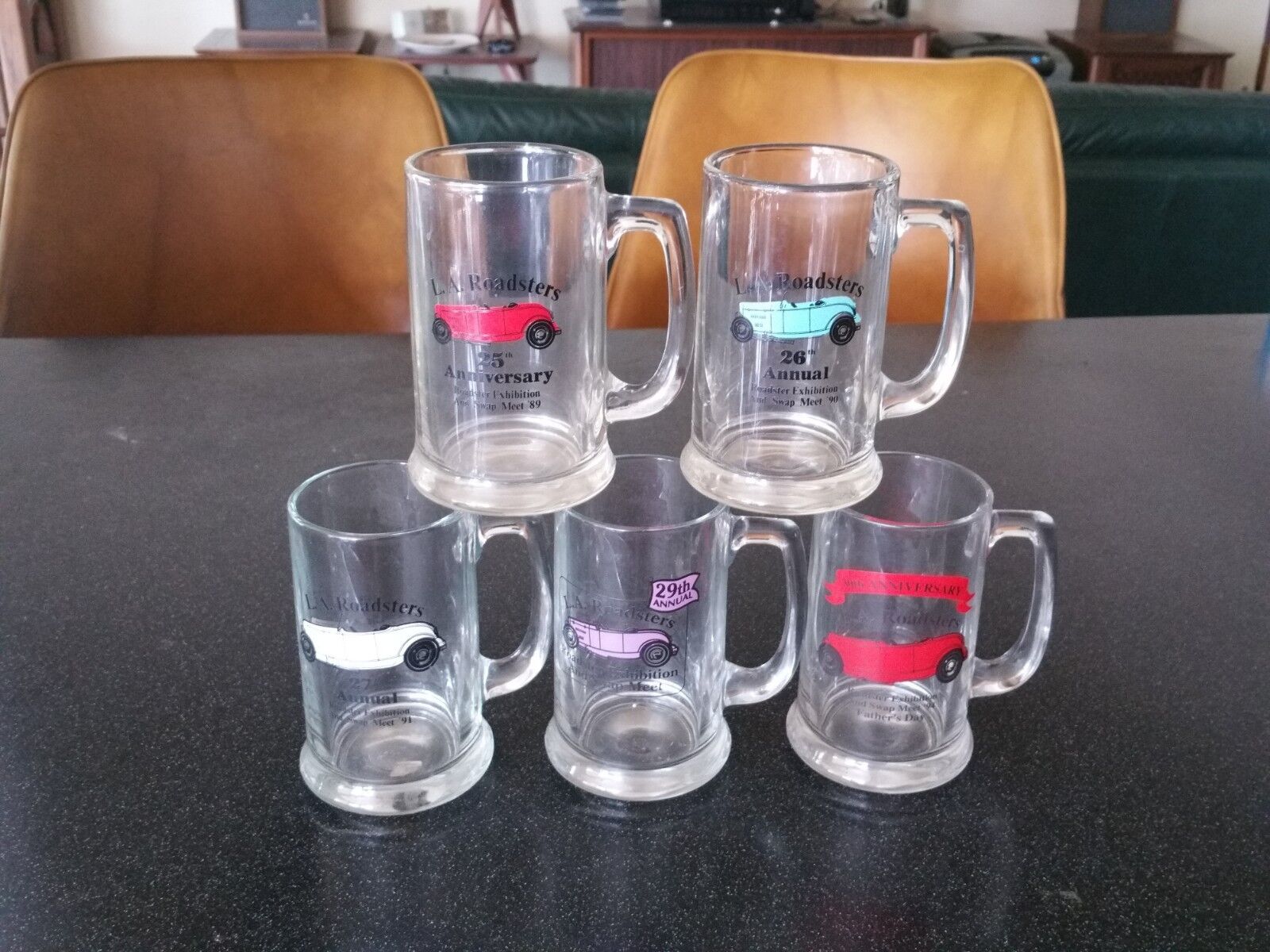5 RARE  L.A. ROADSTERS ANNIVERSARY GLASSES BEER EXHIBITION & SWAP  1989-94