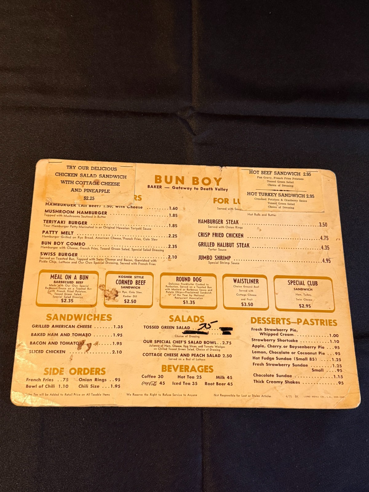 Bun Boy Baker California Gateway to Death Valley 1975 1970s California Vtg Menu