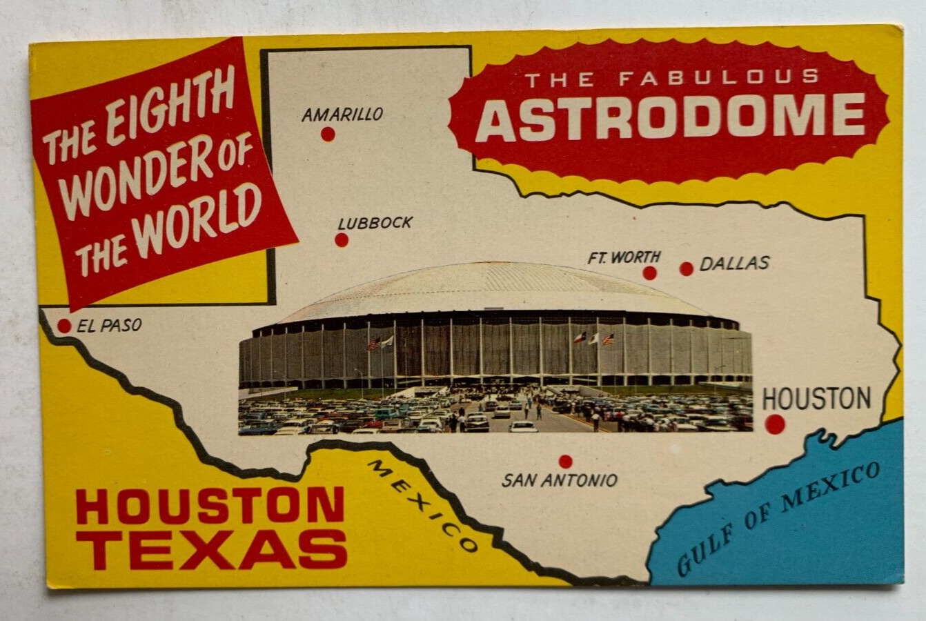 1967 TX Postcard Houston Astrodome Large Letters Eighth Wonder of the World map