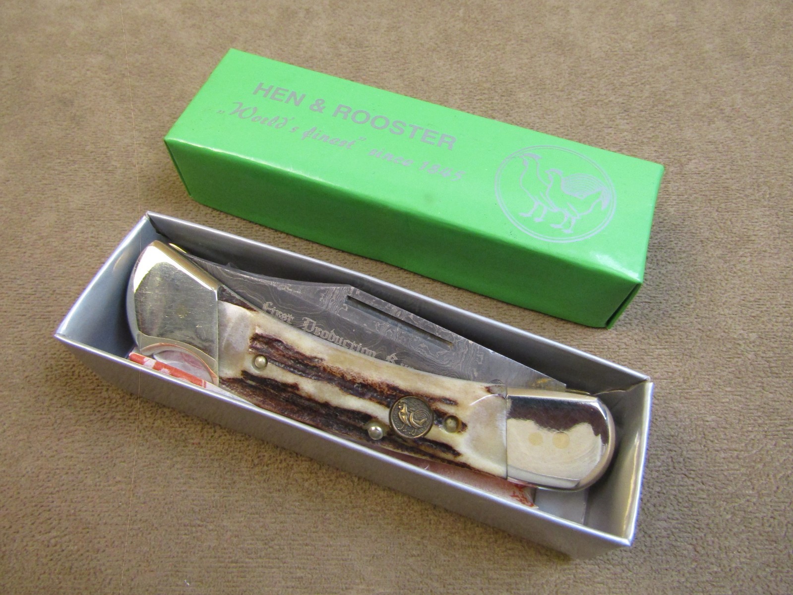 NOS VINTAGE HEN & ROOSTER 361-DS/D DAMASCUSS STEEL LOCKBACK STAG POCKET KNIFE