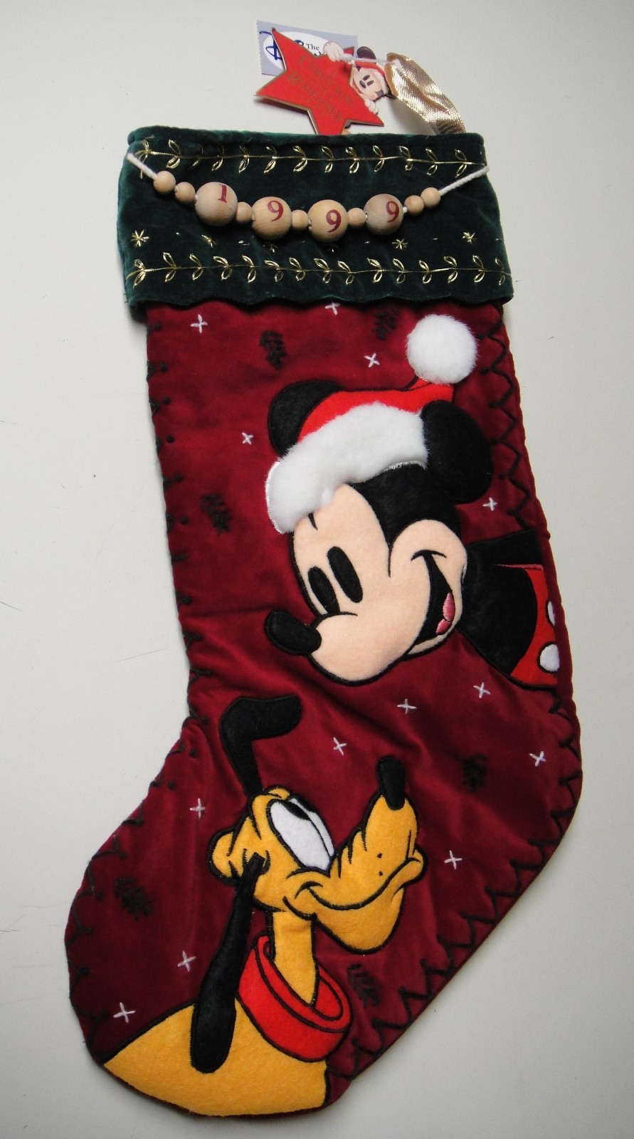 VTG NWT MICKEY MOUSE & PLUTO DISNEY CHRISTMAS STOCKING EMBROIDERED VELVET 1999