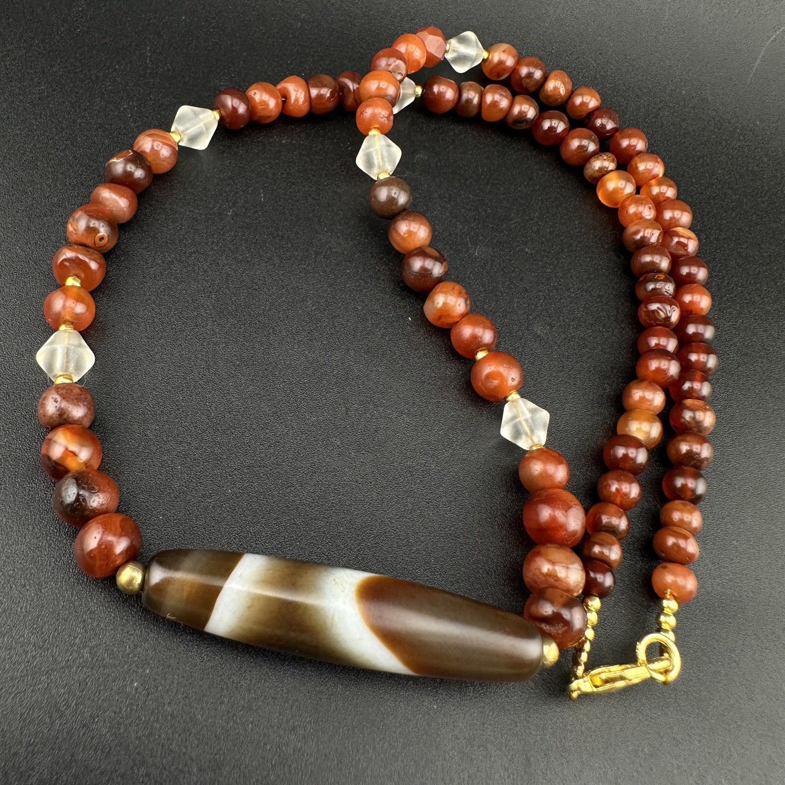 Ancient Rare Indo- Tibetan Crystal Carnelian Agate Necklace With Center Banded
