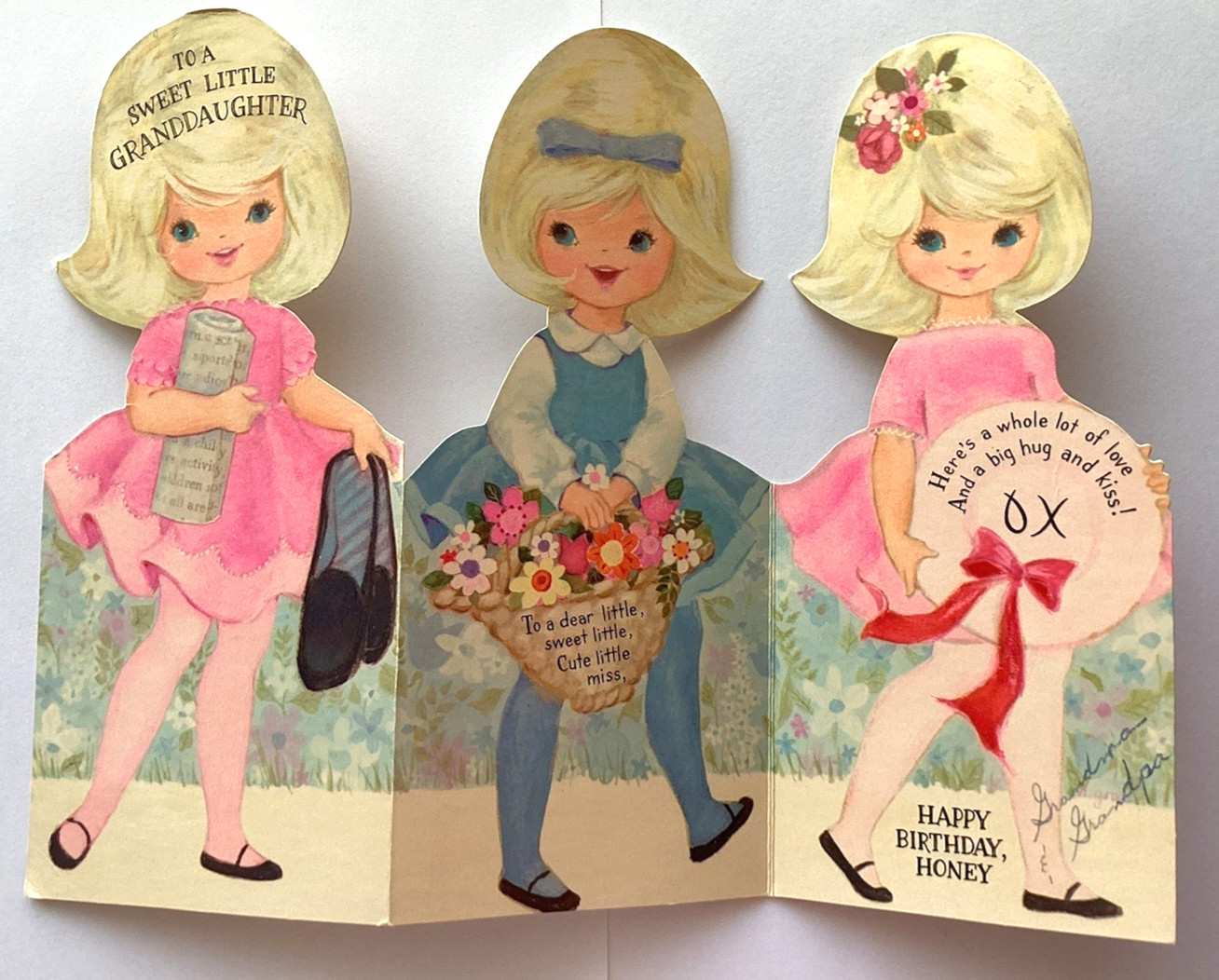 Vintage Happy Birthday Card Die Cut GIRL PINK DRESS FLOWERS Tri-fold Hallmark