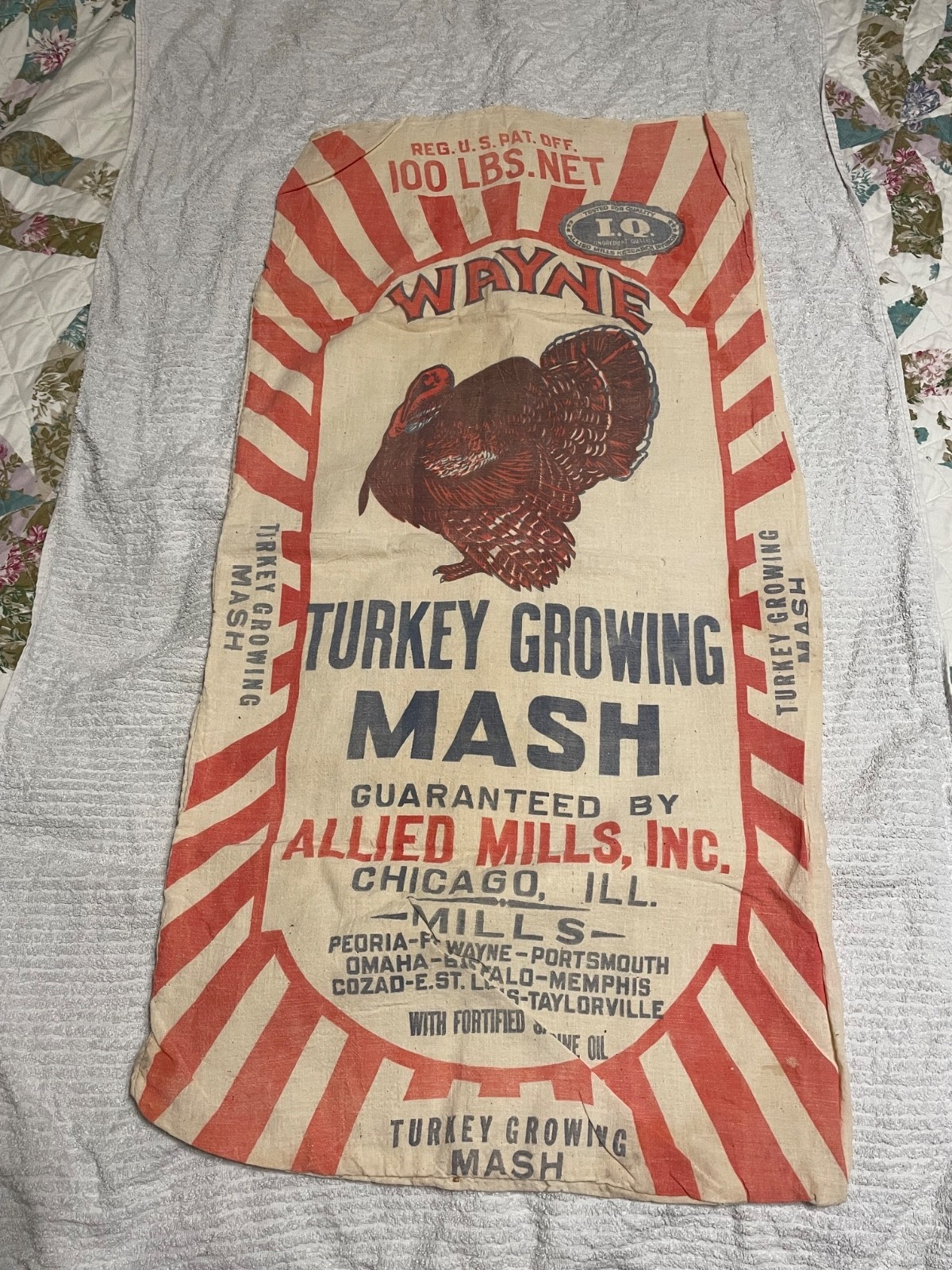VTG Wayne Turkey Turkey Growing Mash 100 Pound Cloth Feed Bag (read) Chicago