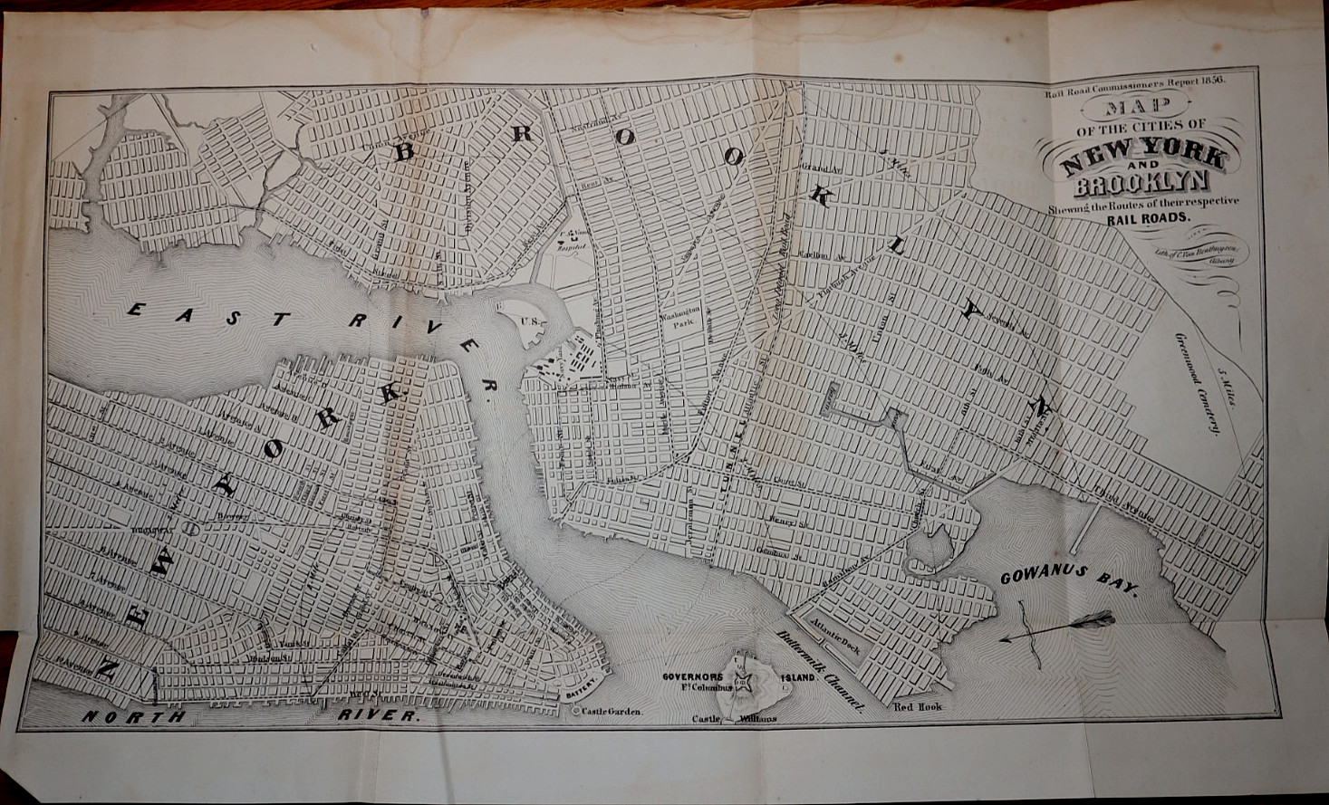 Rare 1856 Map Railroad Drawing ~ New York City & Brooklyn Railroads & Routes