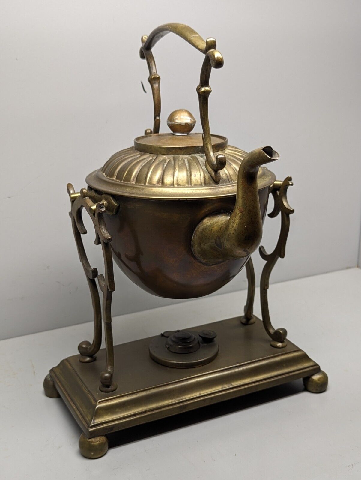 William Soutter & Sons Copper Brass Tilting Tea Kettle Teapot Stand Burner
