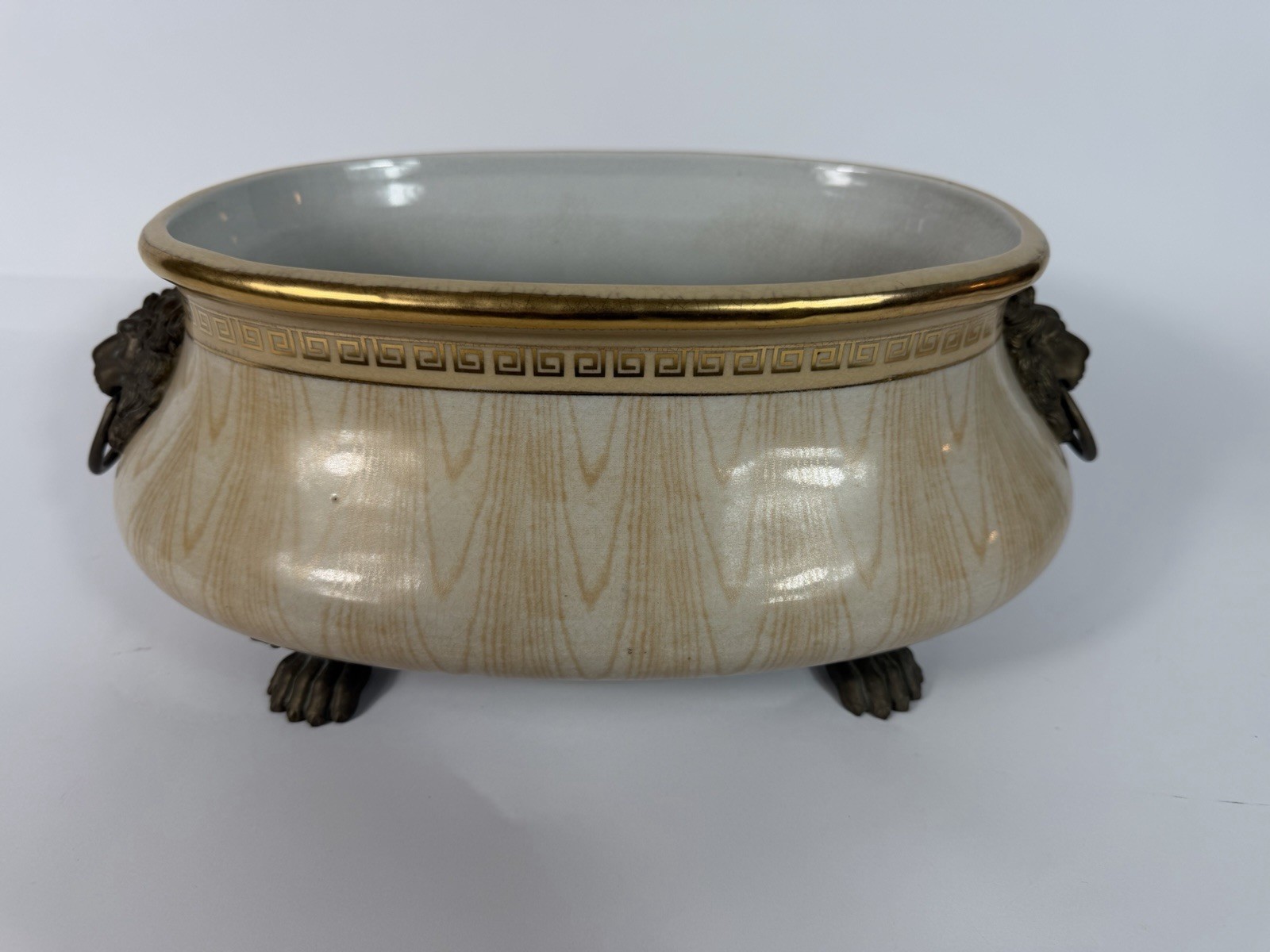 Vintage Chinese Crackle Glaze Jardiniere Lion Handles Paw Feet 13”