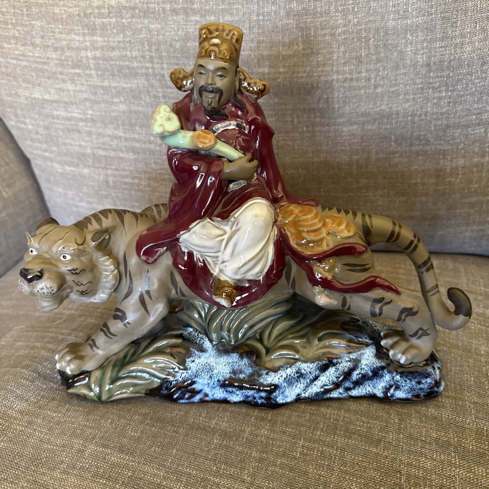 VTG Chinese Cai Shen Riding Tiger Statue- Stamped Huo LAN master Design